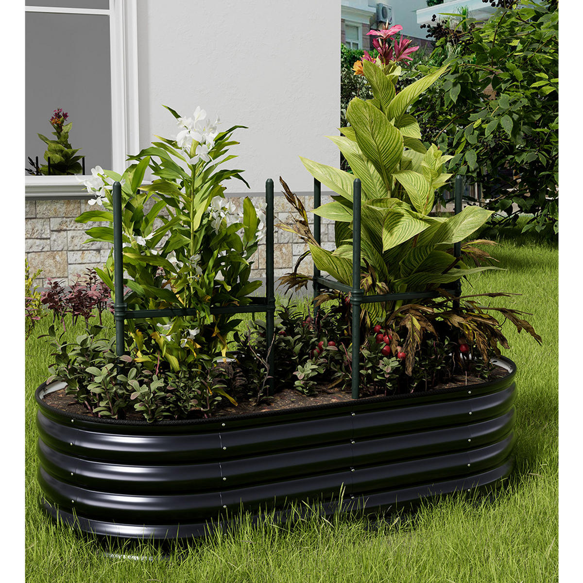 HOCHBEET-PFLANZKASTEN mit Pflanzenstütze aus verzinktem Stahl in Anthrazit Ovalen Blumenkasten für Garten Balkon 160 × 80 × 42 cm 8,3 kg - Dunkelgrau, Metall (80/42/160cm) - Livingandhome