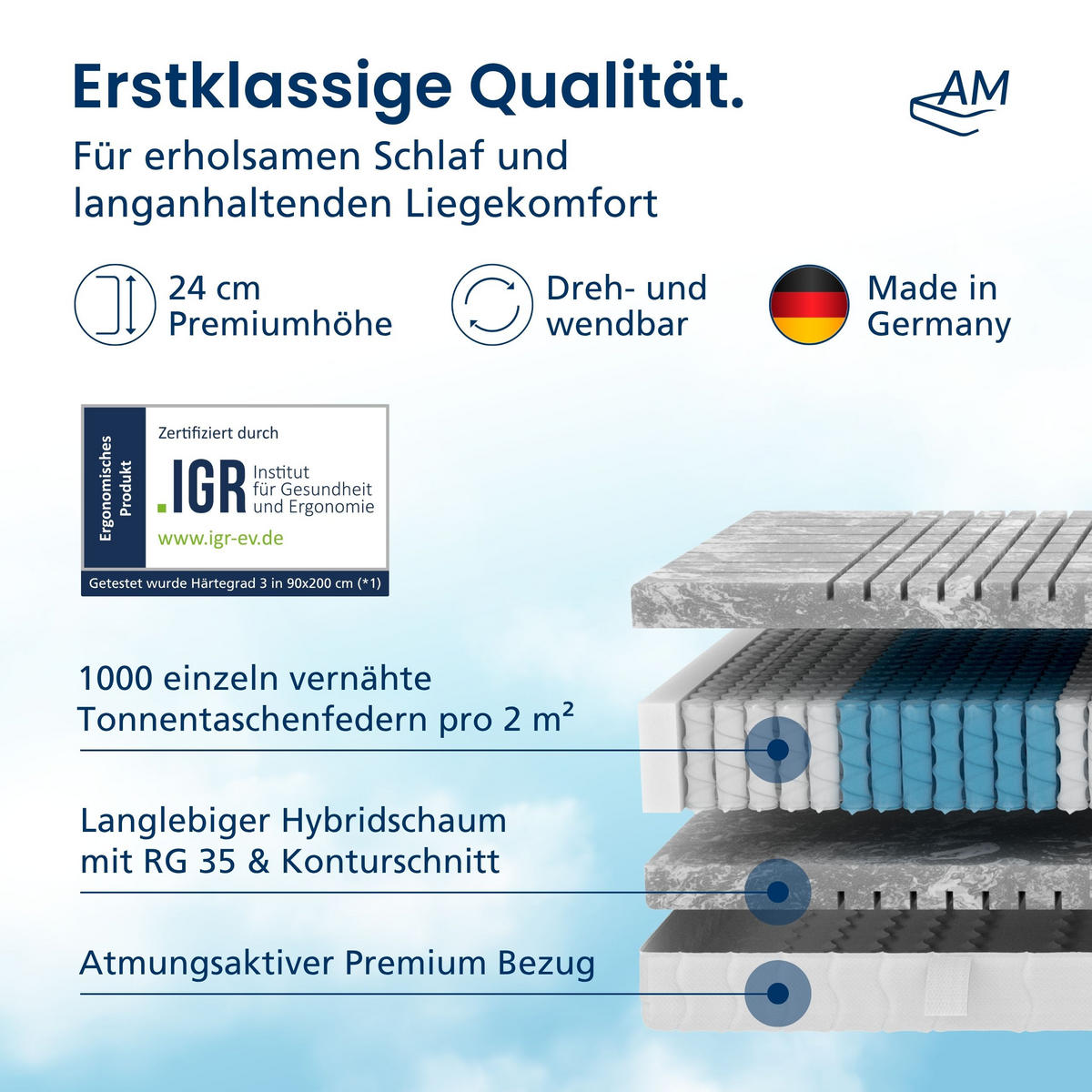 TASCHENFEDERKERNMATRATZE 3D Deluxe 140/200 cm H3 - 24cm Höhe & Tencel Bezug - Weiß, Textil (140/200cm) - AM Qualitätsmatratzen