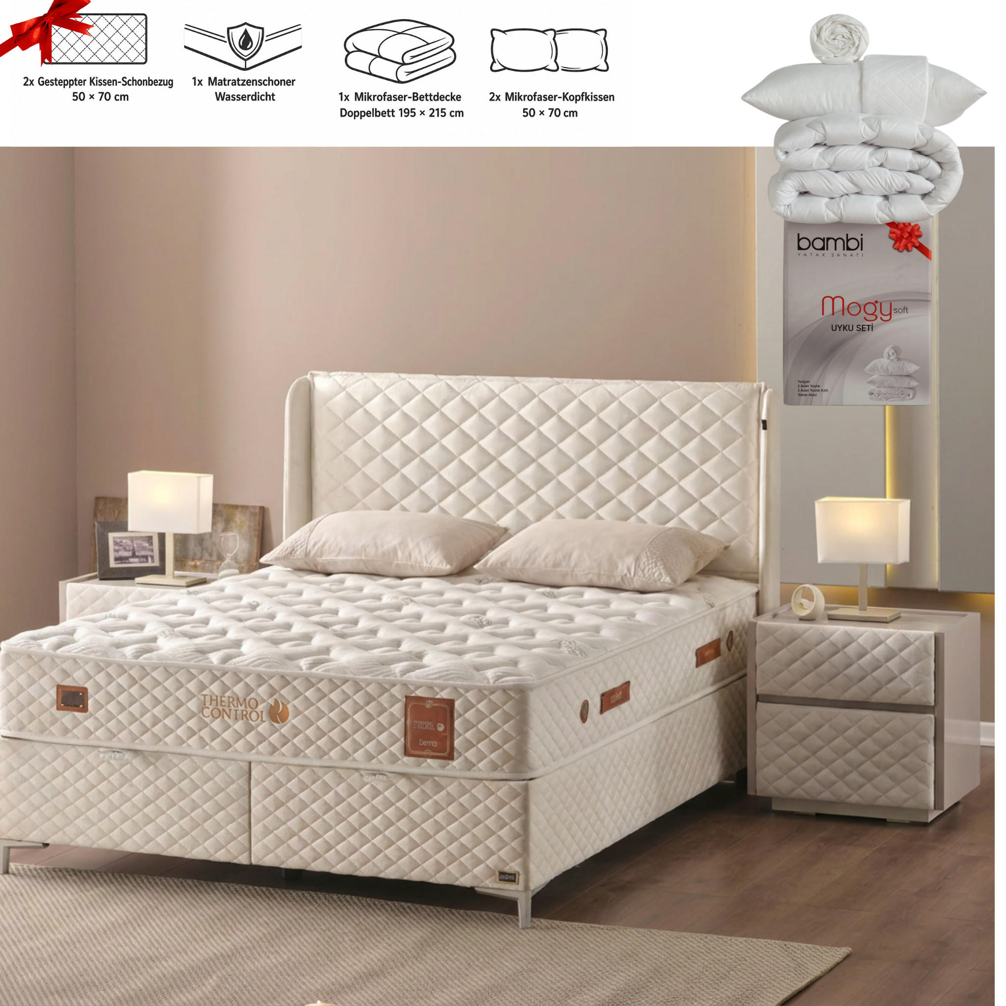 BOXSPRINGBETT Bambi Bett mit Matratze Thermo Control Weiß 180x200 - Weiß, Holz/Metall (180/200cm) - Bambi