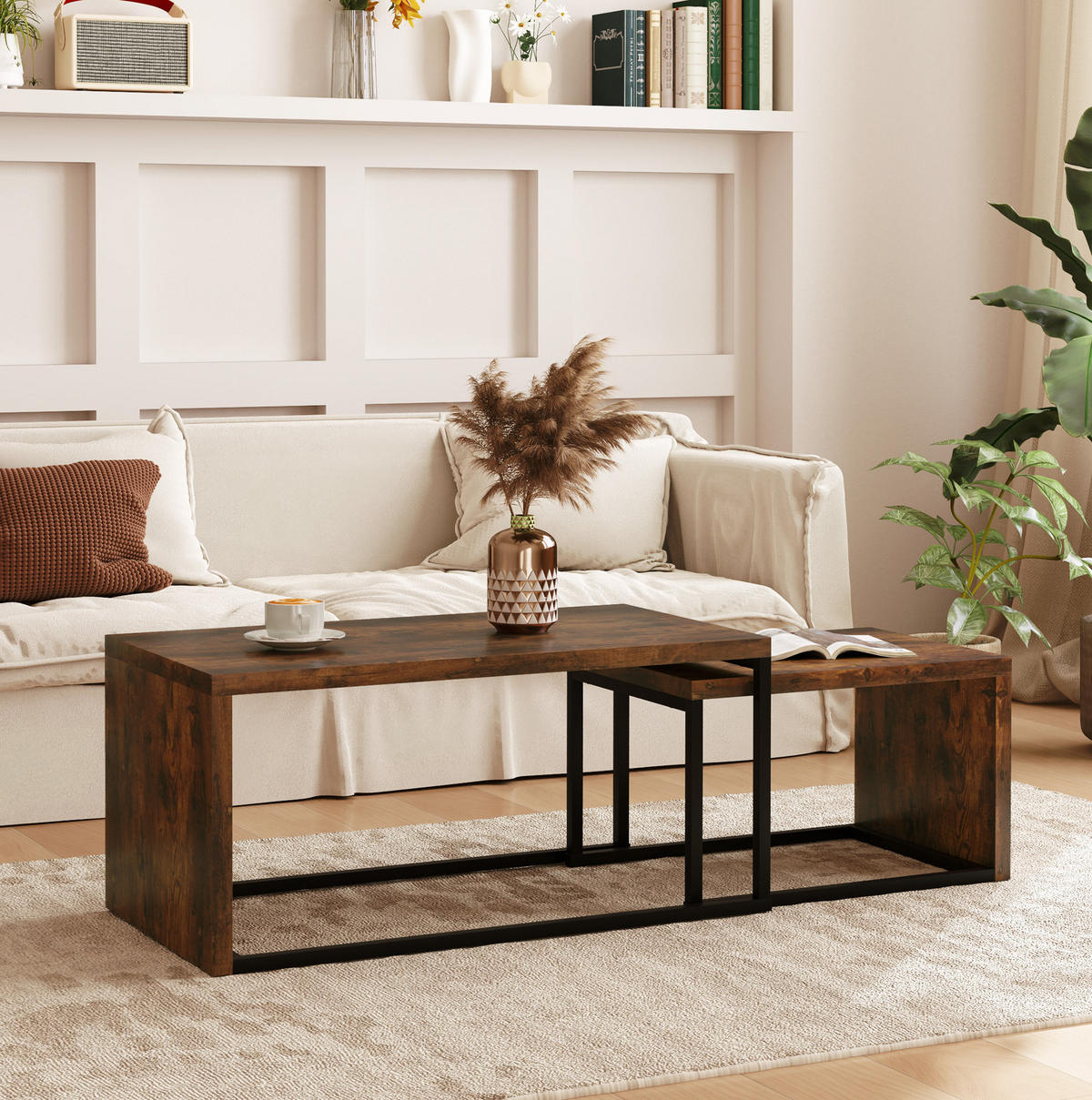 COUCHTISCH-SET aus MDF und Metall 90x48x42 cm Rustikales Braun/Schwarz, 2-teilig - Braun, Holzwerkstoff (90/48/42cm) - IVMEU