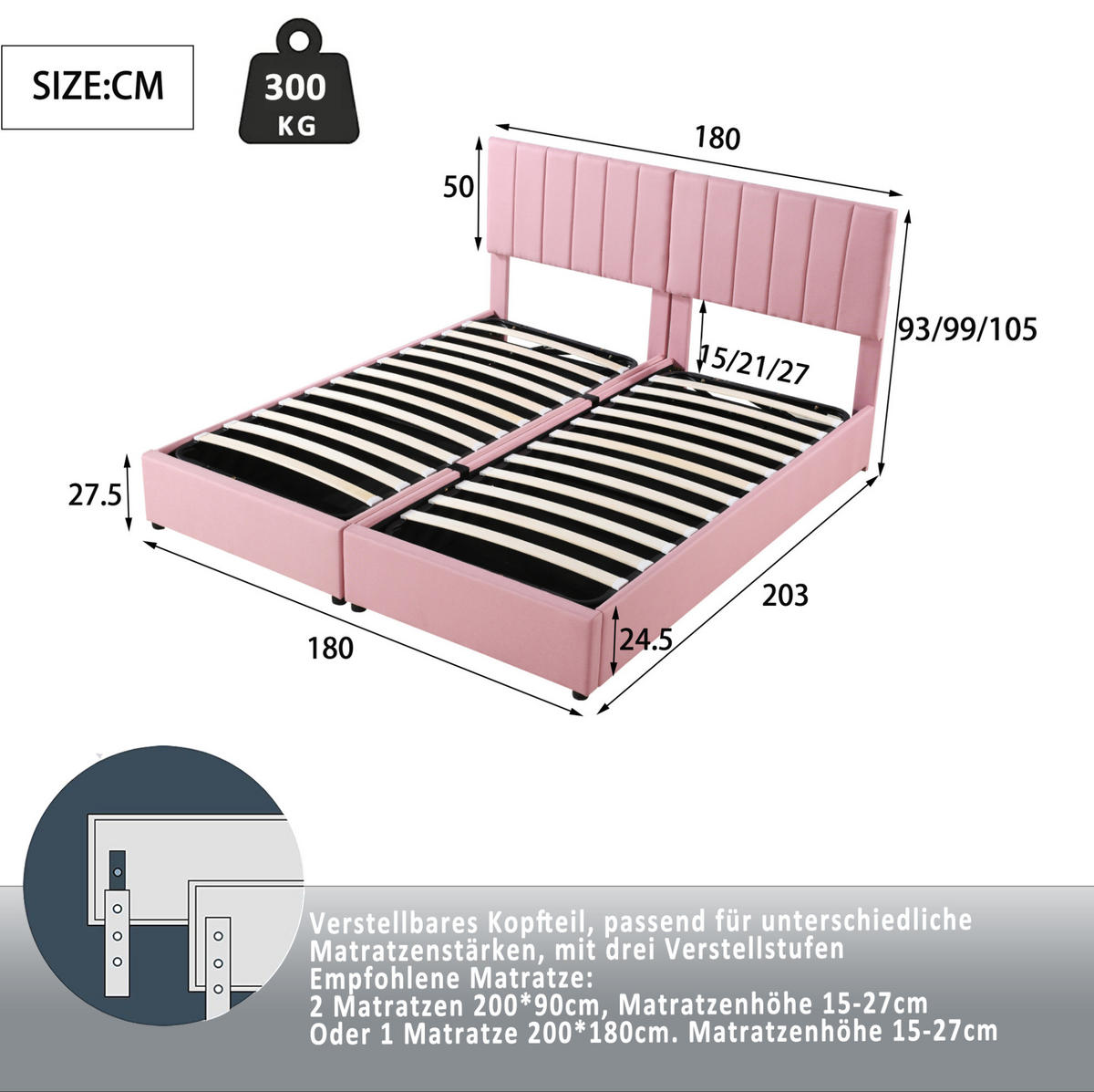 POLSTERBETT 180/200 cm Rosa aus Leinenstoff mit hydraulischem Stauraum - Pink, Textil (180/200cm) - OKMYHOME