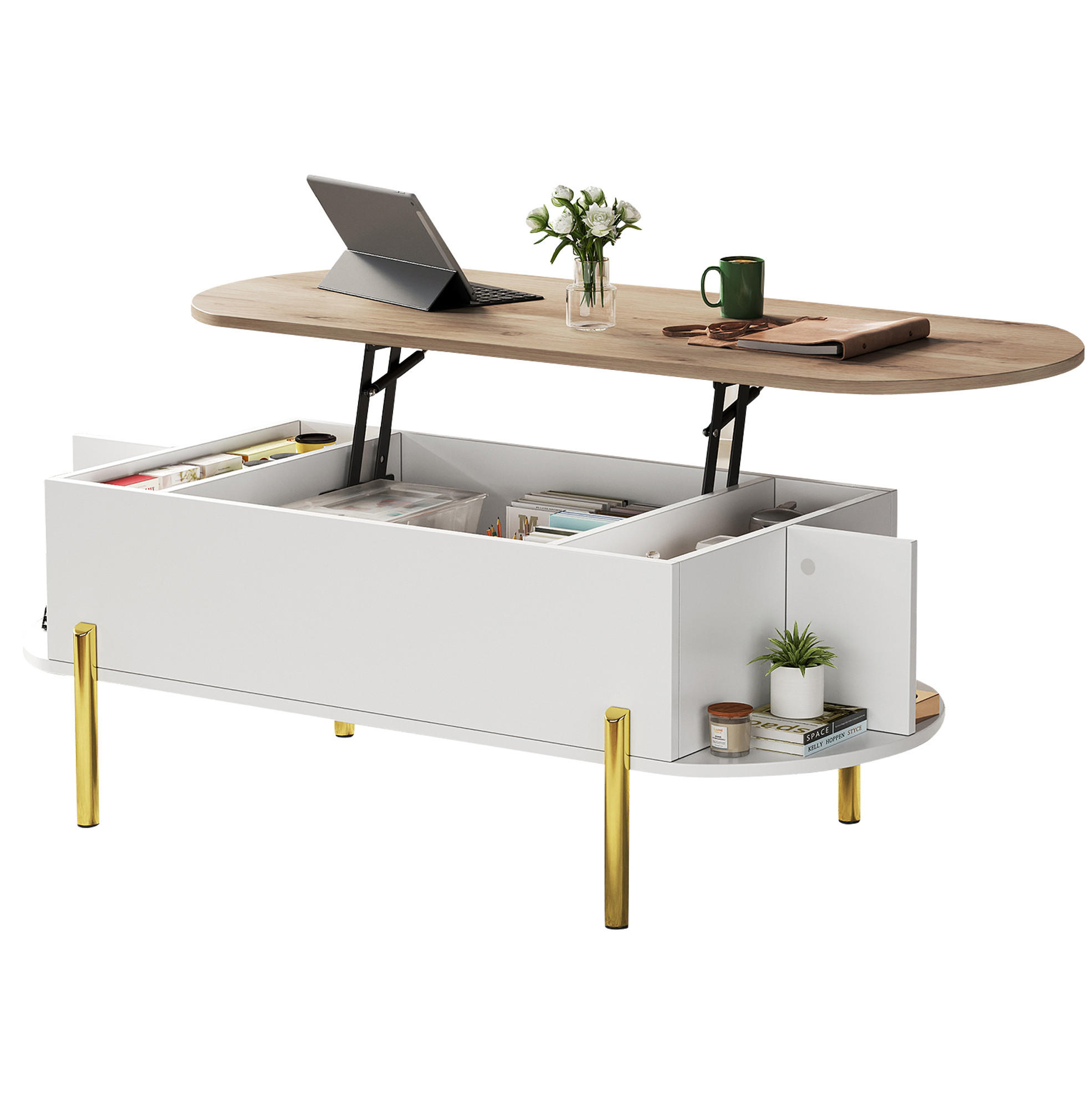 KONFERENČNÍ stolek, 120/50/43 cm bílý, MDF s výklopnou deskou a úložným prostorem - bílá, kompozitní dřevo (120/50/43cm) - BEAOK
