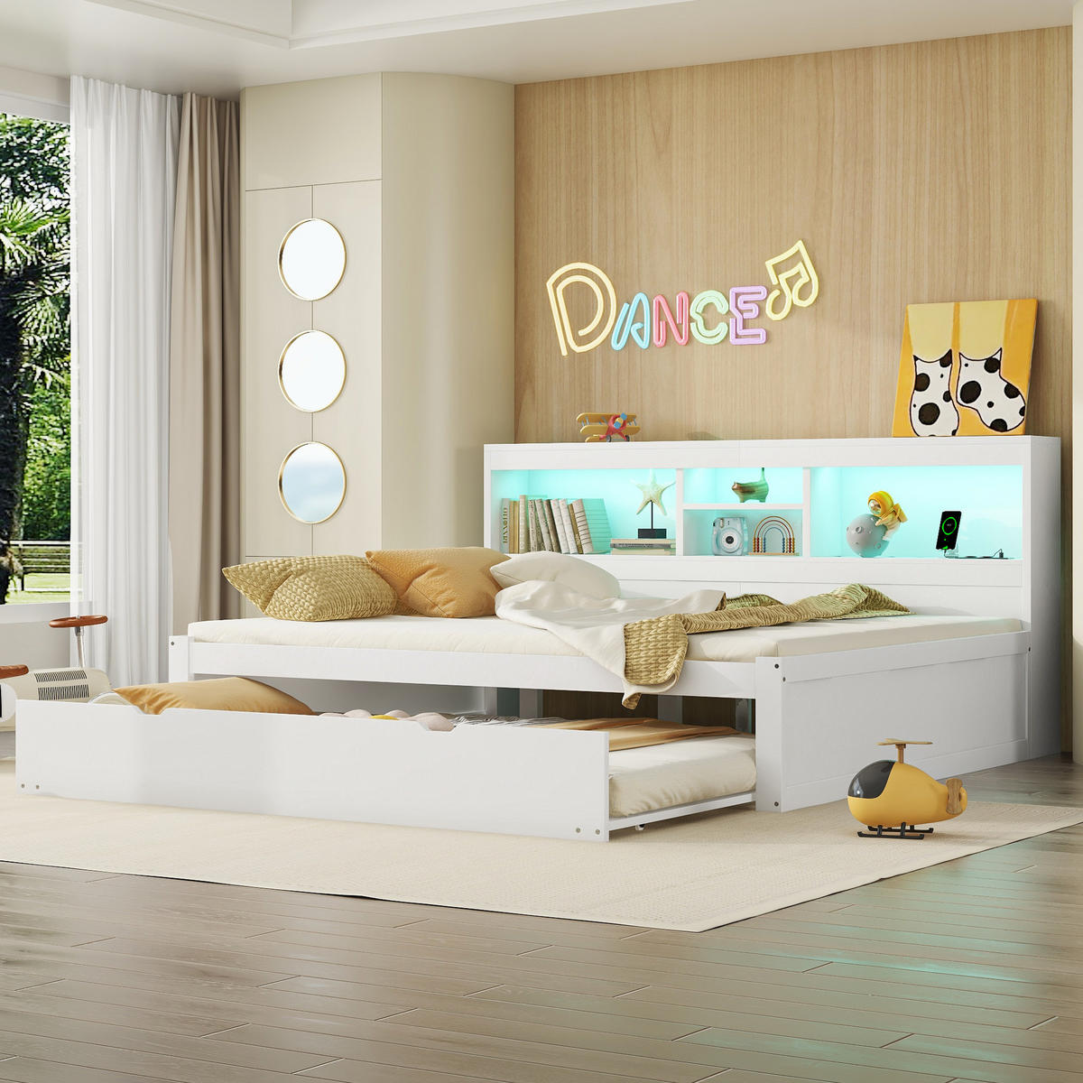 MULTIFUNKTIONSBETT 140/200 cm Weiß mit Ambiente-Beleuchtung und Stauraum - Weiß, Holzwerkstoff (140/200cm) - OKWISH