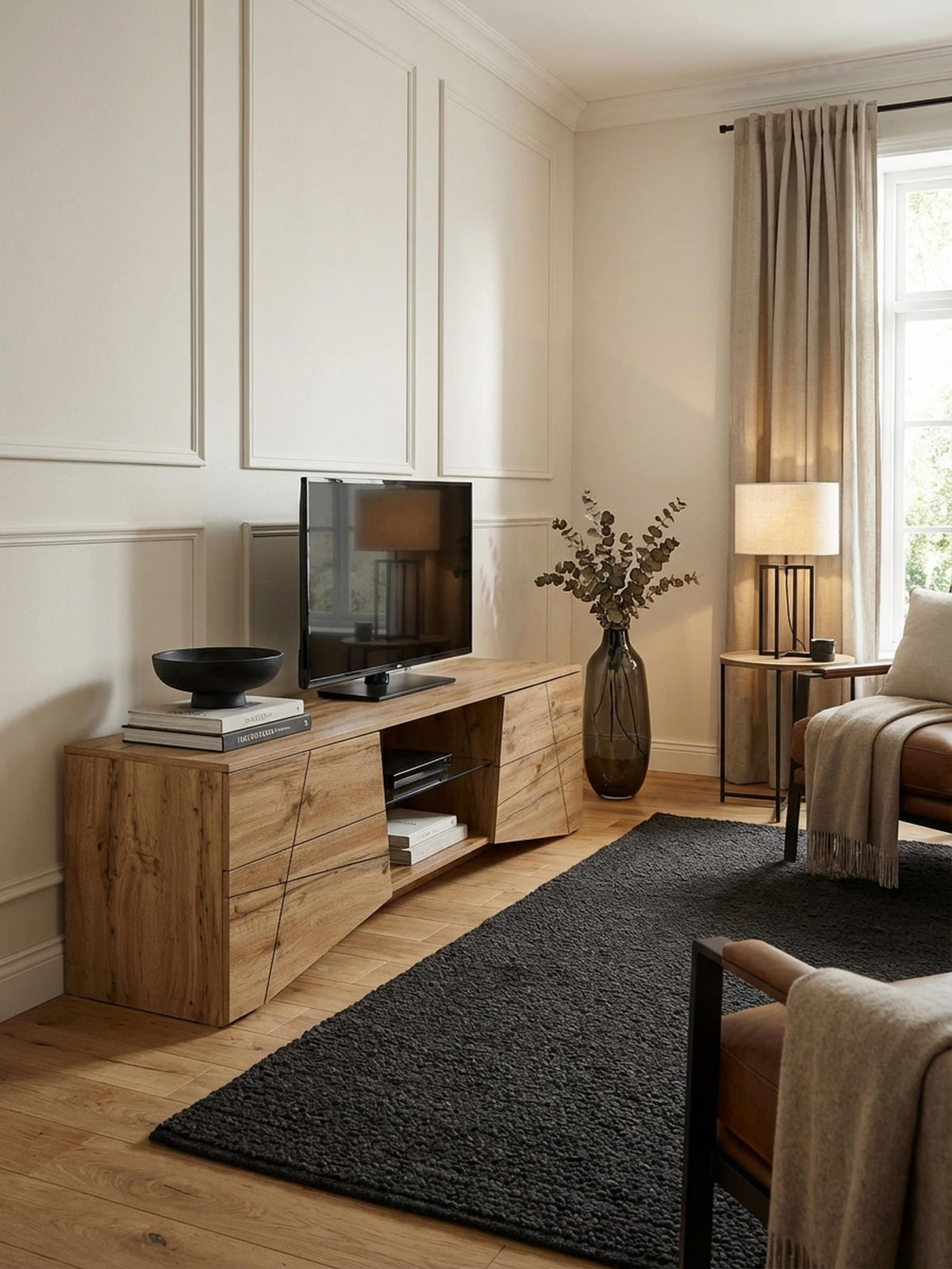 LOWBOARD Eiche-Dekor Modern Stil für 70-Zoll Fernseher mit Glasablage - Braun, Holz (160/50/40cm) - KADIMA DESIGN