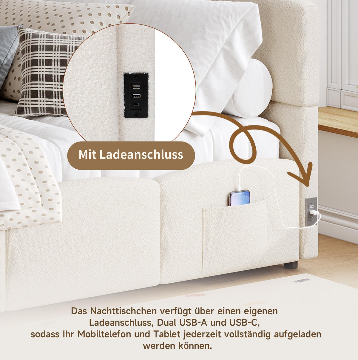 POLSTERBETT 90/200 cm mit hydraulischem Stauraum, USB-A/USB-C, Stautaschen und Bouclé-Bezug, Beige - Beige, Textil (90/200cm) - Redom