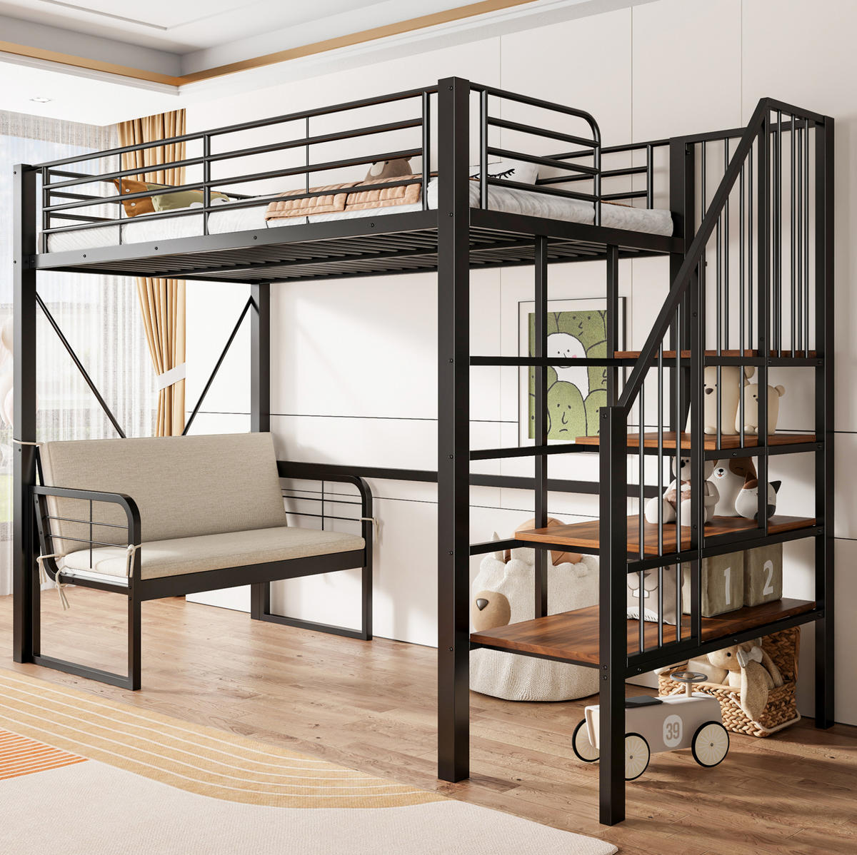 ETAGENBETT 90/200 cm mit abnehmbarem Polstersofa, Stauraumtreppe und Metallrahmen, Schwarz - Schwarz, Holzwerkstoff (90/200cm) - Redom
