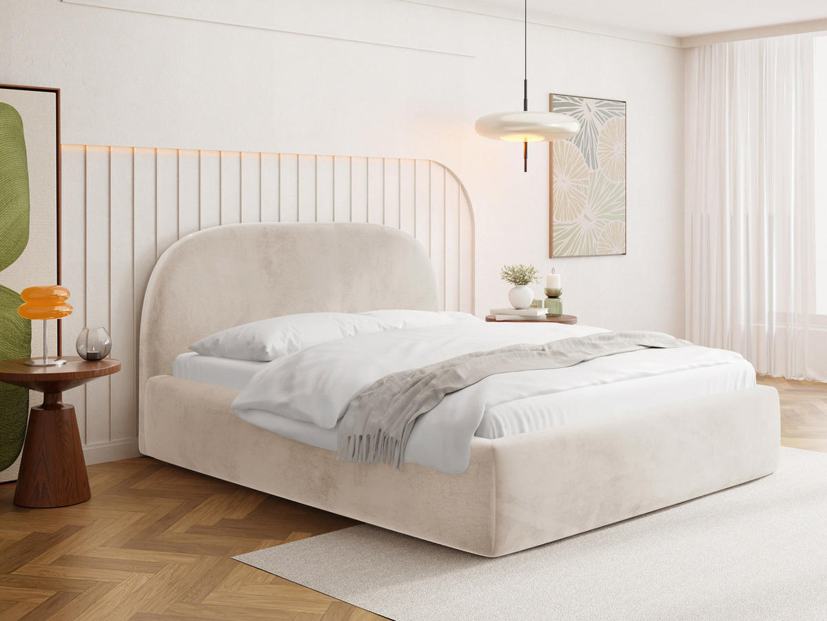 POLSTERBETT Puro mit Bettkasten, Beige Samt 120 x 200 cm – mit Metall-Lattenrost - Ecru/Beige, Kunststoff/Textil (120/200cm) - WFL GROUP