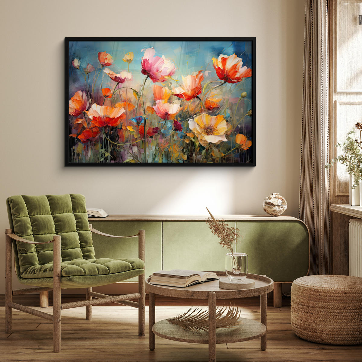 POSTER MIT RAHMEN Blumen - Aquarell - Kunst - Botanisch - Natur 120x80 cm - Orange, Papier (120/80cm) - MuchoWow