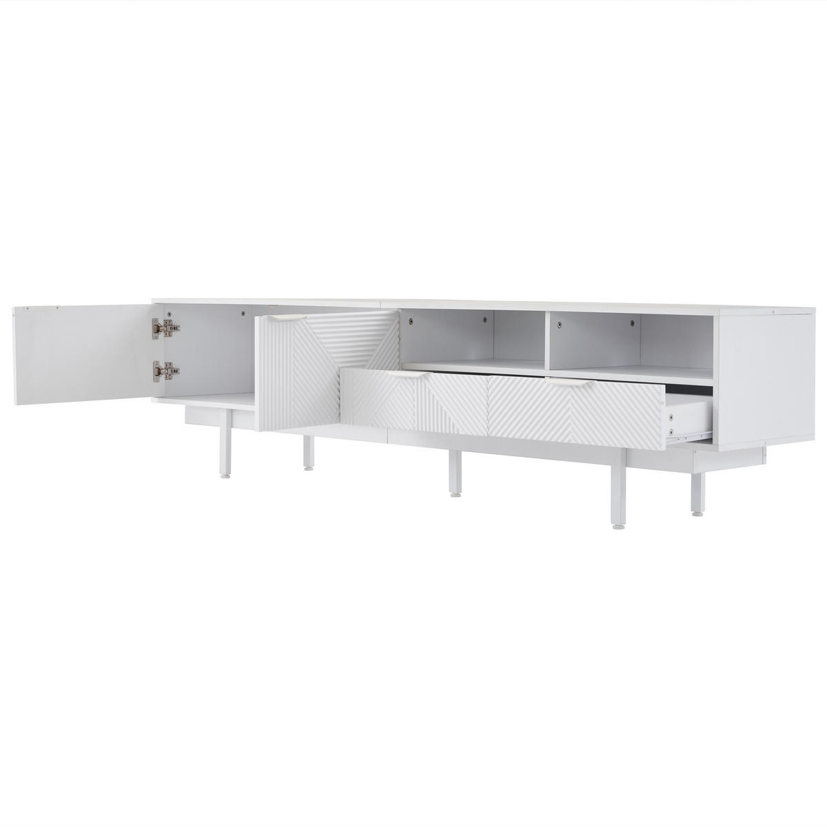TV-SCHRANK 200/40/51 cm weiß Spanplatte mit geometrischem Linienstil für bis zu 90 Zoll Fernseher - Weiß, Holzwerkstoff (200/51/41cm) - OKWISH