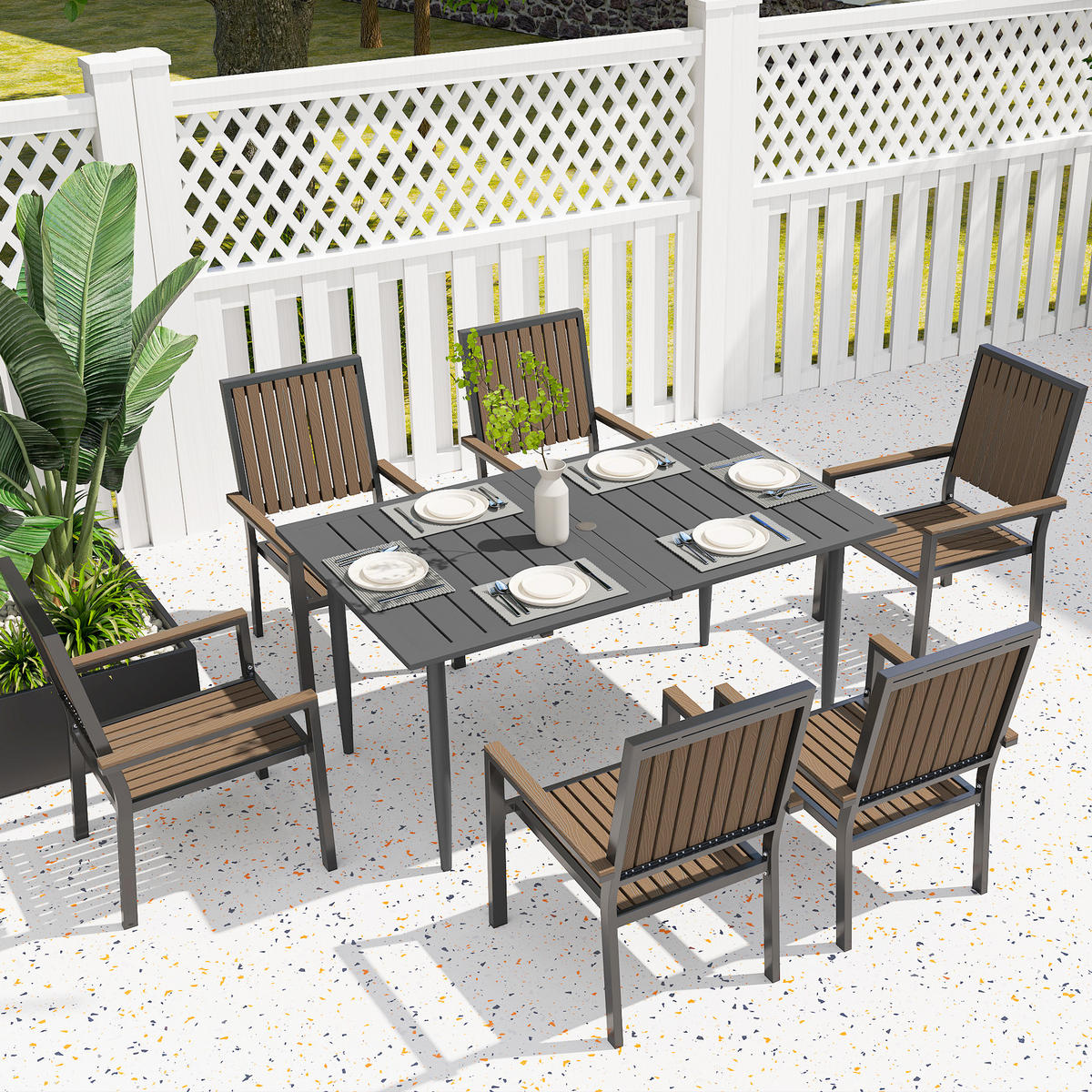 GARTENTISCH DE-07277 mit Schirmloch und Lattendesign Schwarz - Schwarz, Metall (150/90/73cm) - ComfortXL