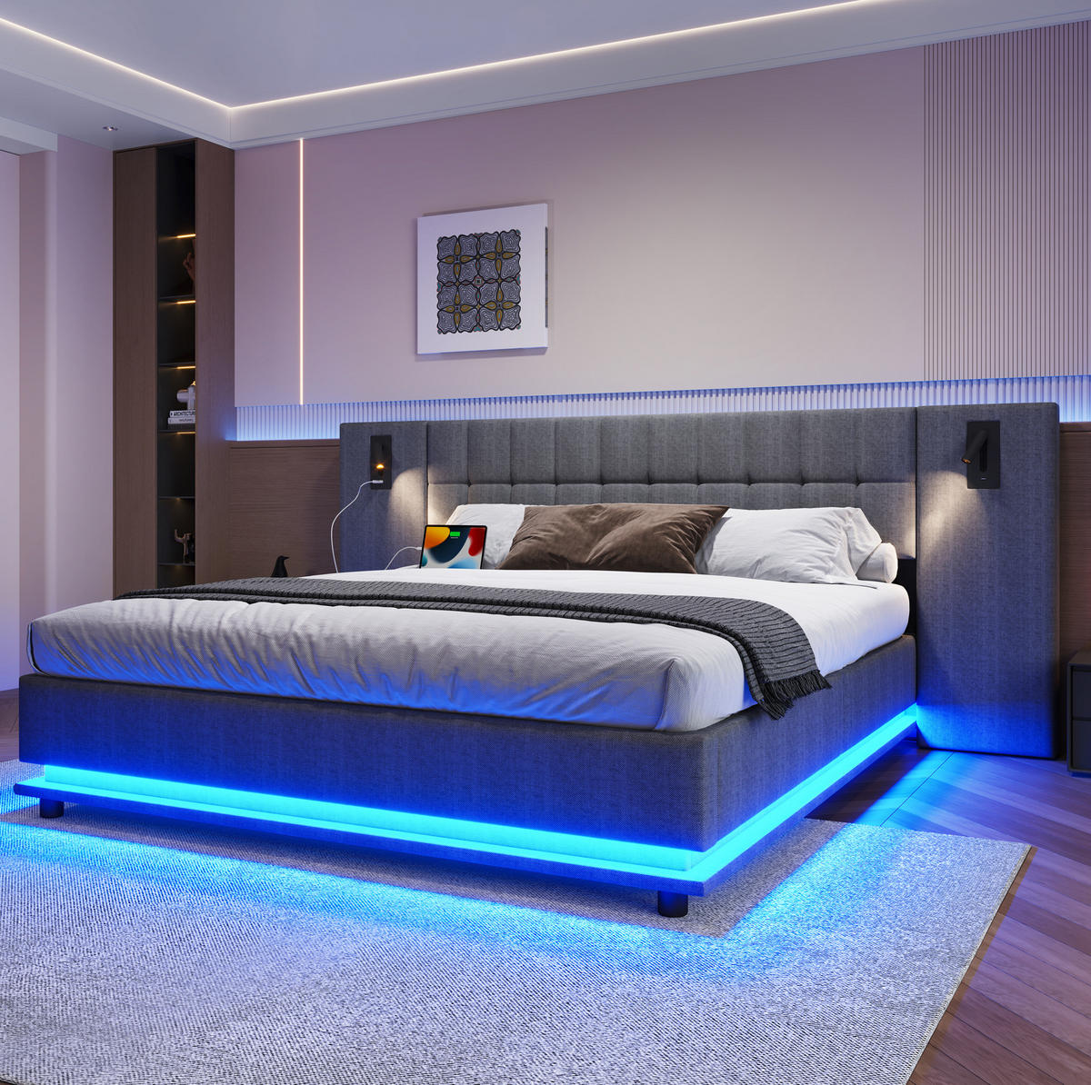 ČALÚNENÁ posteľ 180/200 cm s LED osvetlením, čelom so spotom a USB portom, bez matraca, Sivá - sivá, textil (180/200cm) - Redom