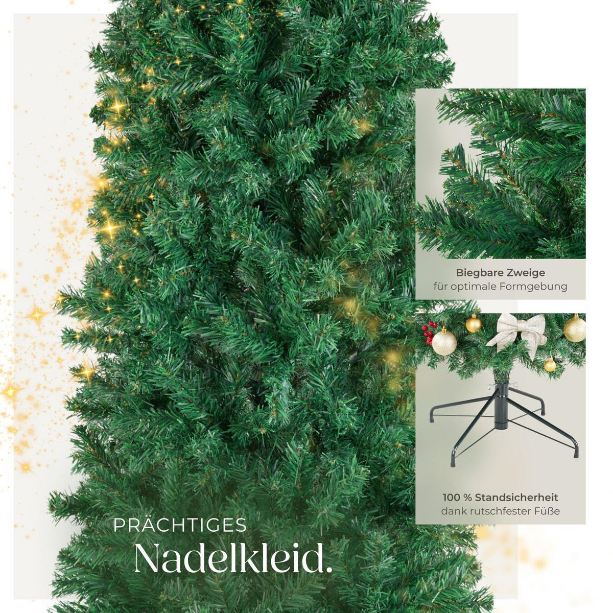 SET WEIHNACHTSBAUM MIT LICHTERKETTE ,pulverbeschichteter Metallständer mit Kunststoffkappen,grün - Grün, Kunststoff (210cm) - tectake