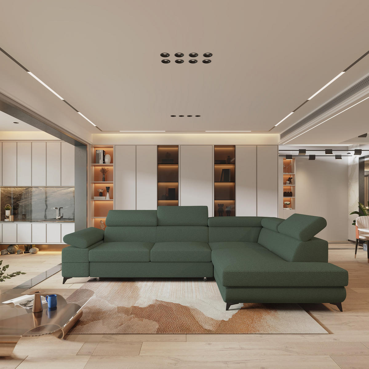 ECKSOFA FAVIEN R-S Grün Boucle-Stoff mit Schlaffunktion - Grün, Holz (257/190cm) - MASSENO