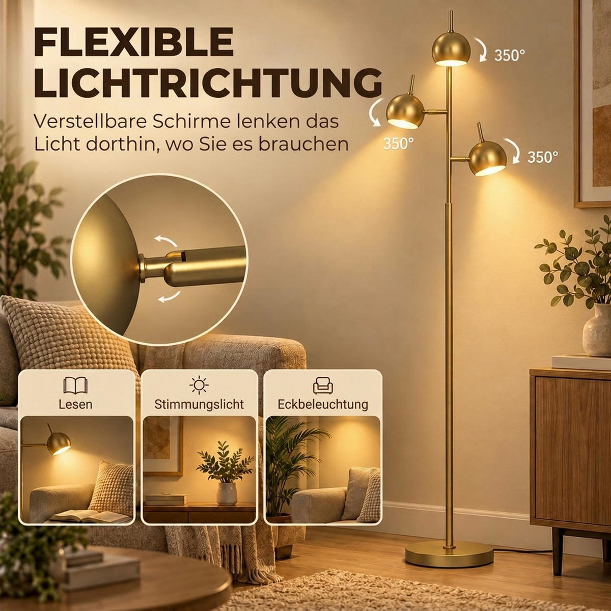 STEHLAMPE Stahl Gold - Goldfarben, Metall (23/23/165cm) - HOMCOM