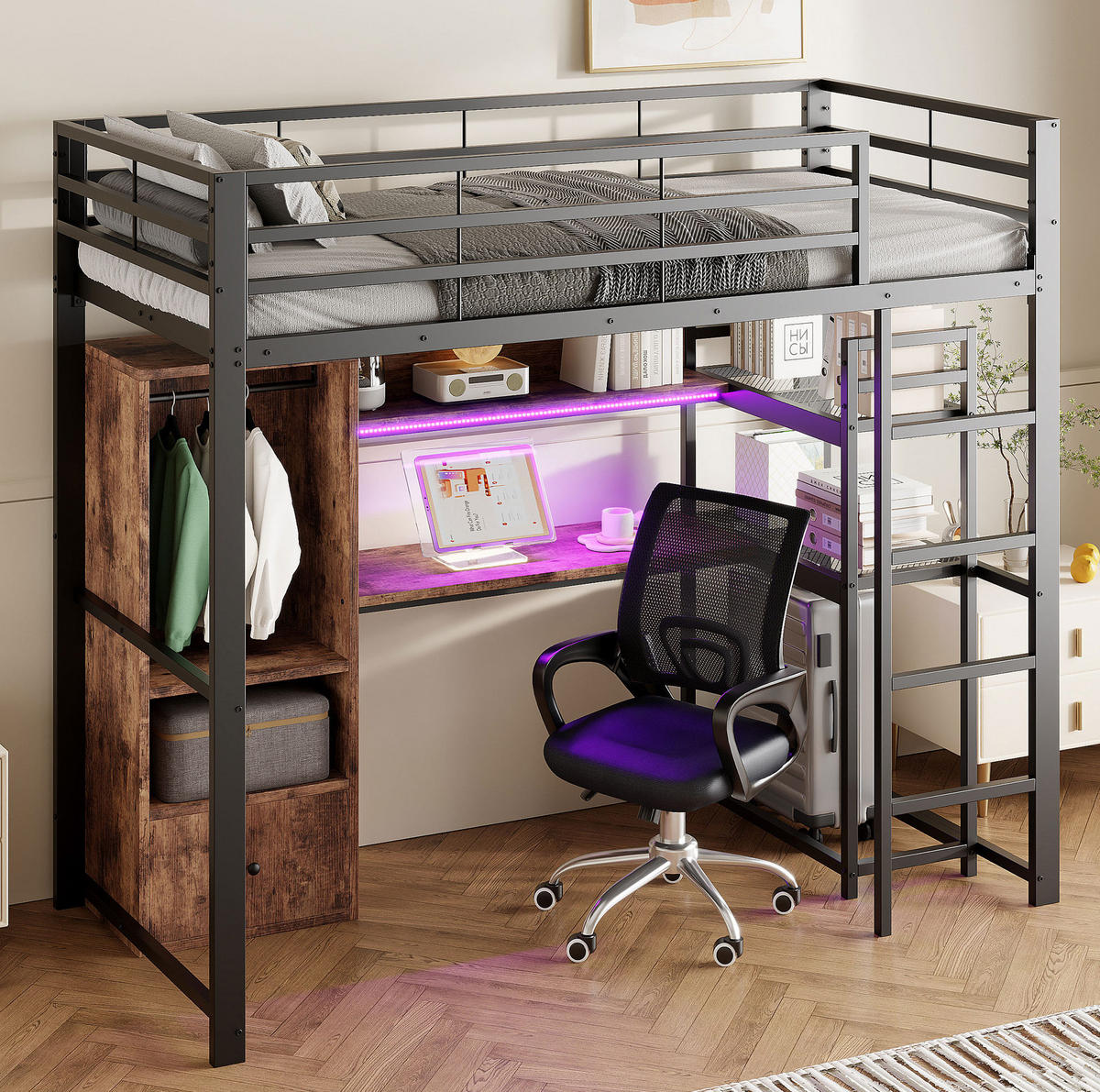 HOCHBETT 90/200 cm aus Metall und MDF mit LED-Beleuchtung, Schreibtisch und Stauraum, Schwarz - Schwarz, Holzwerkstoff (90/200cm) - Redom