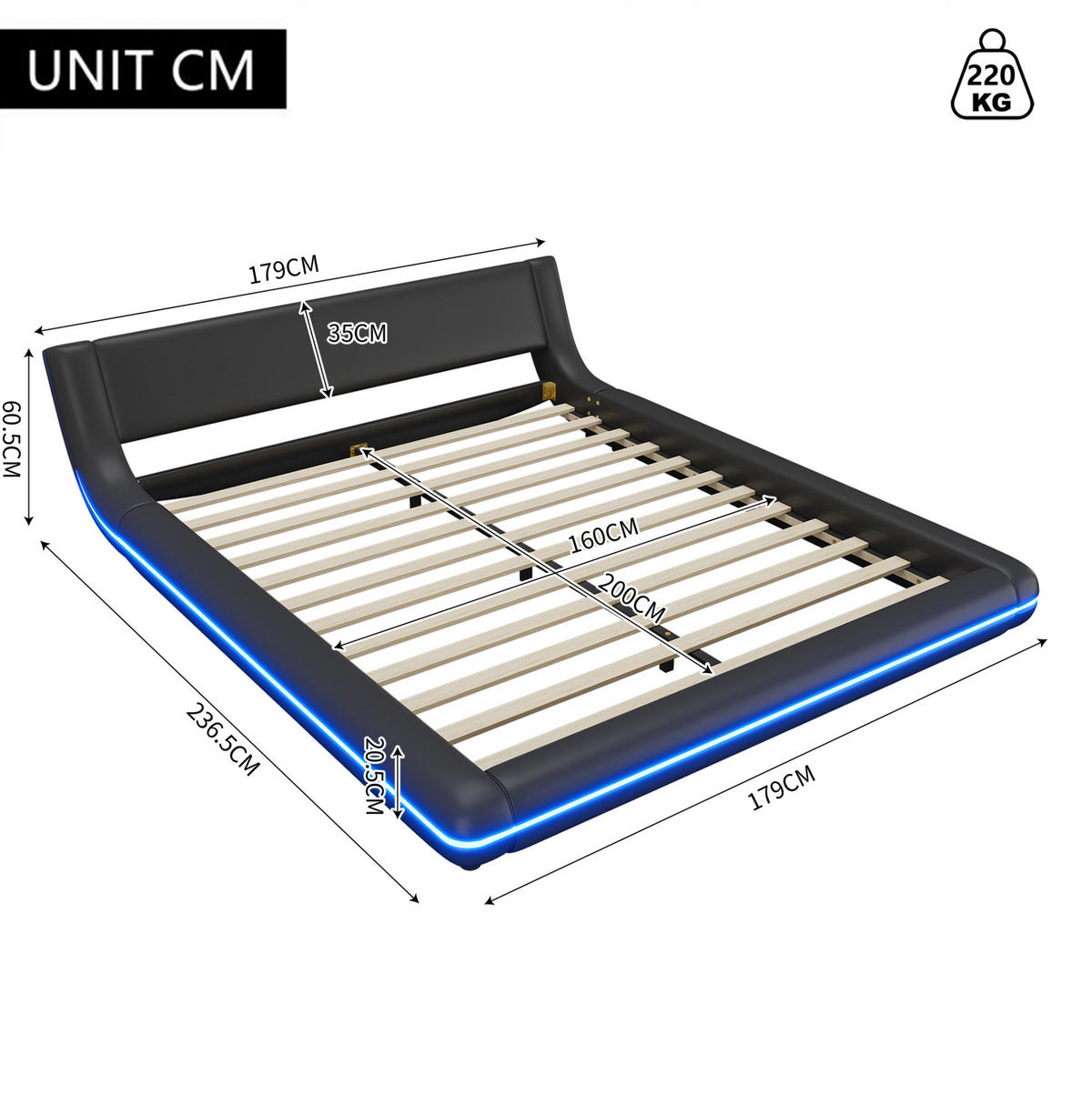 BETT 160/200 cm aus PU in Schwarz – inkl. Lattenrost und LED-Beleuchtung - Schwarz, Kunststoff (160/200cm) - BEAOK
