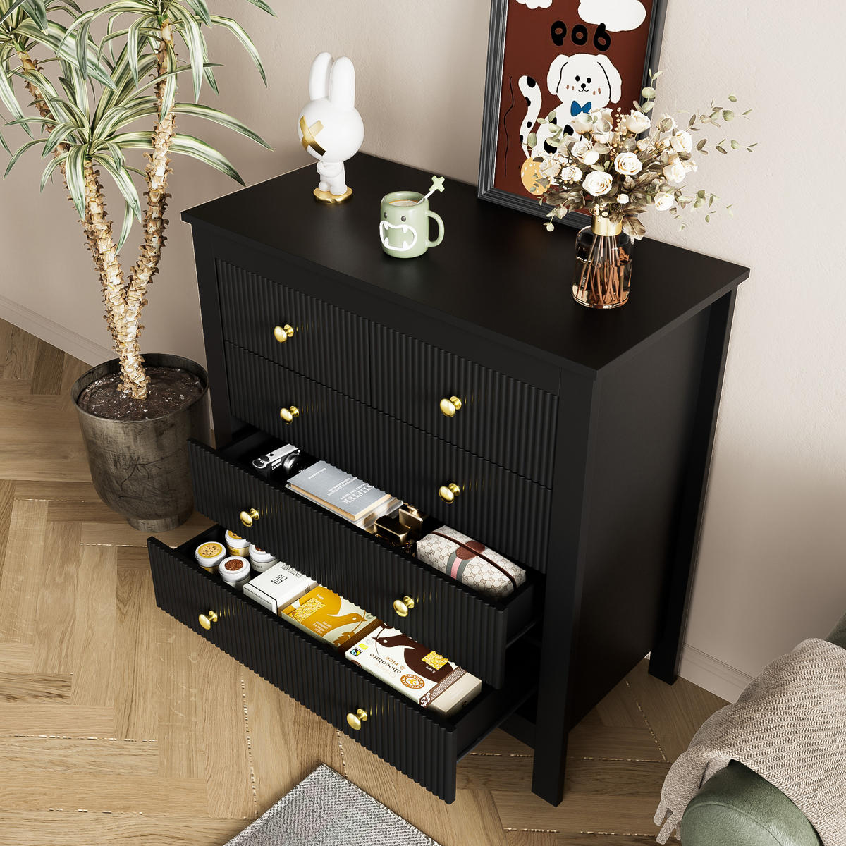 SIDEBOARD Goldgriffe multifunktional - Schwarz, Holzwerkstoff (79/80.05/39.5cm) - LEBENLANG