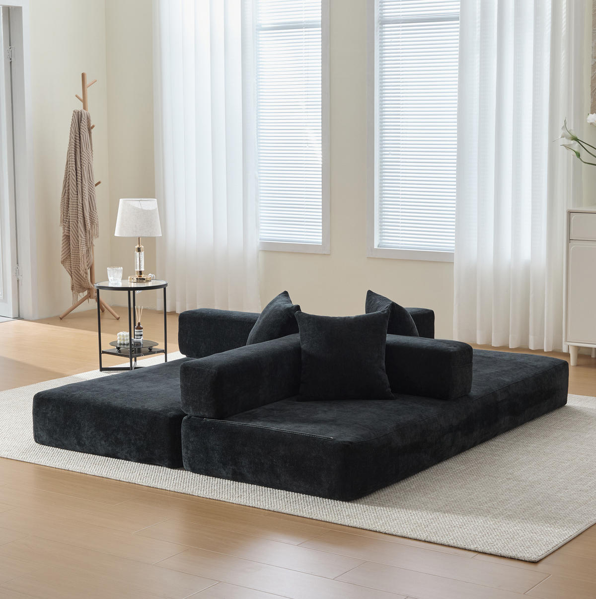 SOFA modular 198 x 79 cm Chenille Black - Schwarz, Kunststoff (31.1/23.62/77.95cm) - Meubliv