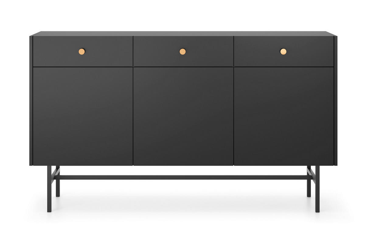 SIDEBOARD Dinley 3T 3S Schwarz 155/89,4/39 cm – mit schwarzen Beinen im minimalistischen Design - Schwarz, Holzwerkstoff/Metall (155/89.4/39cm) - AX Living