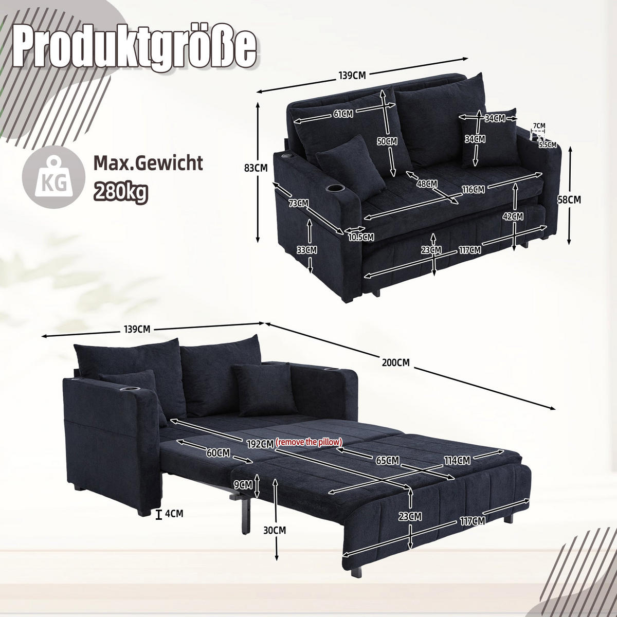 SCHLAFSOFA aus chenille mit bettfunktion, usb-anschluss & becherhaltern - Schwarz, Textil (139/83/73cm) - Urban Meuble