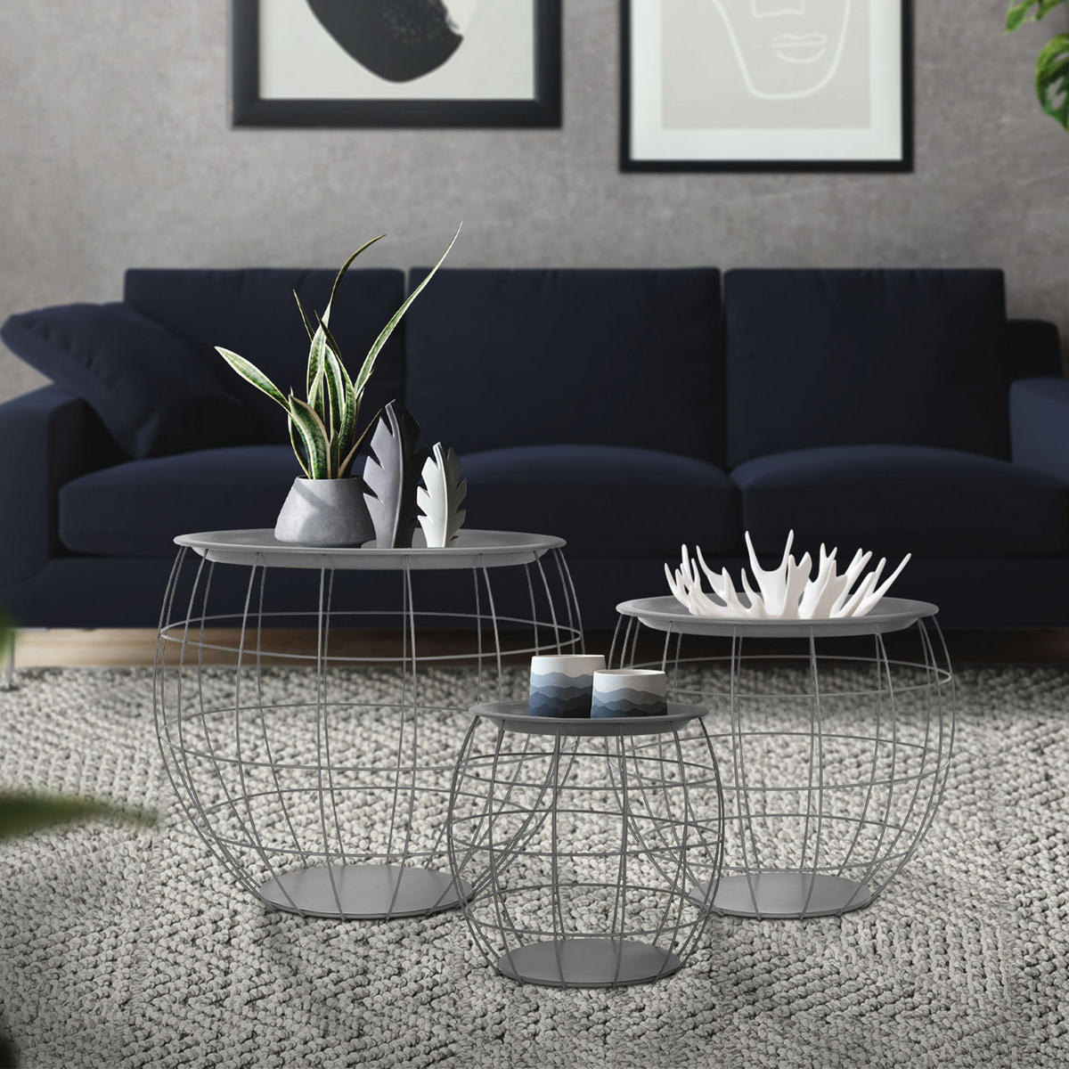 BEISTELLTISCH rund Grau Ø 43/35/27 - 40/33/29 cm 3er Set - Grau, Metall (43/43/40cm) - ML-DESIGN