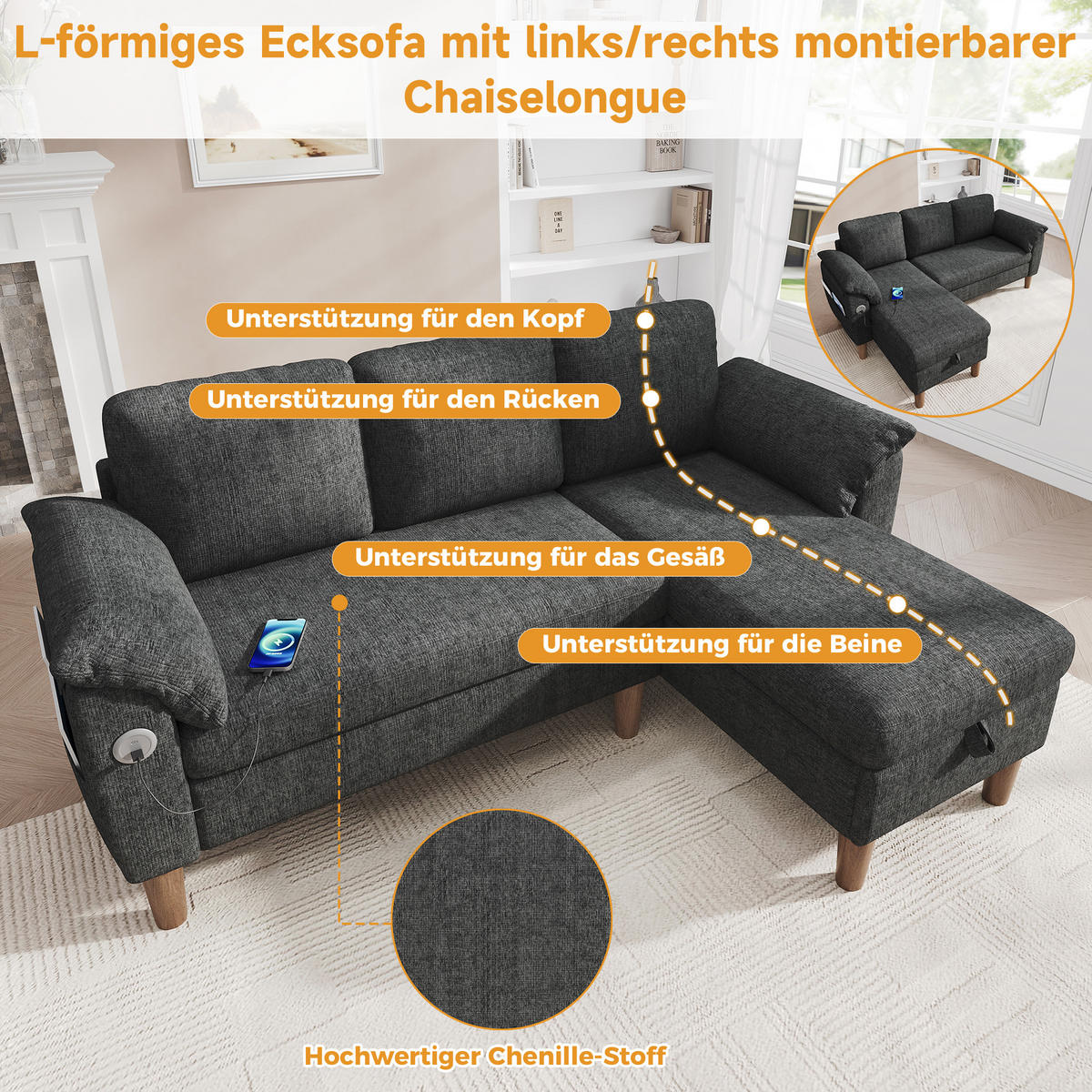 ECKSOFA 181/125/88 cm Dunkelgrau mit Stauraum-Chaiselongue und USB/Type-C-Ladeanschluss - Dunkelgrau, Textil (181/125cm) - Oxeza