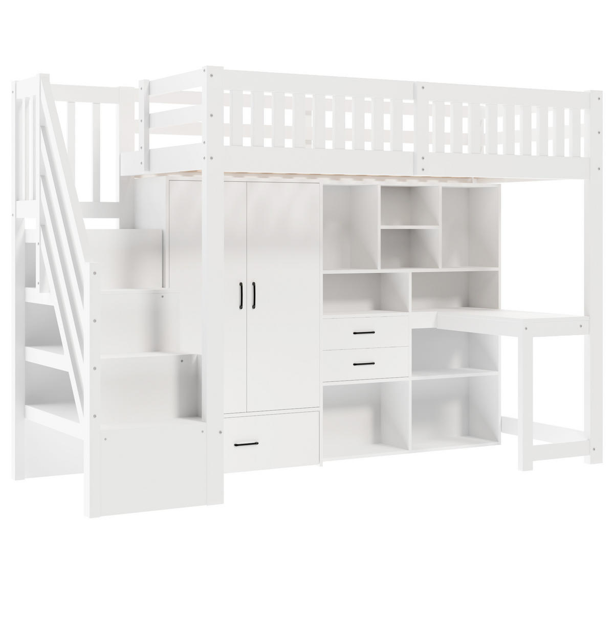 HOCHBETT 90/200 cm mit Schreibtisch, Ablageleiter, Kleiderschrank und Schubladen aus Kiefernholz, Weiß - Weiß, Holz (90/200cm) - Redom