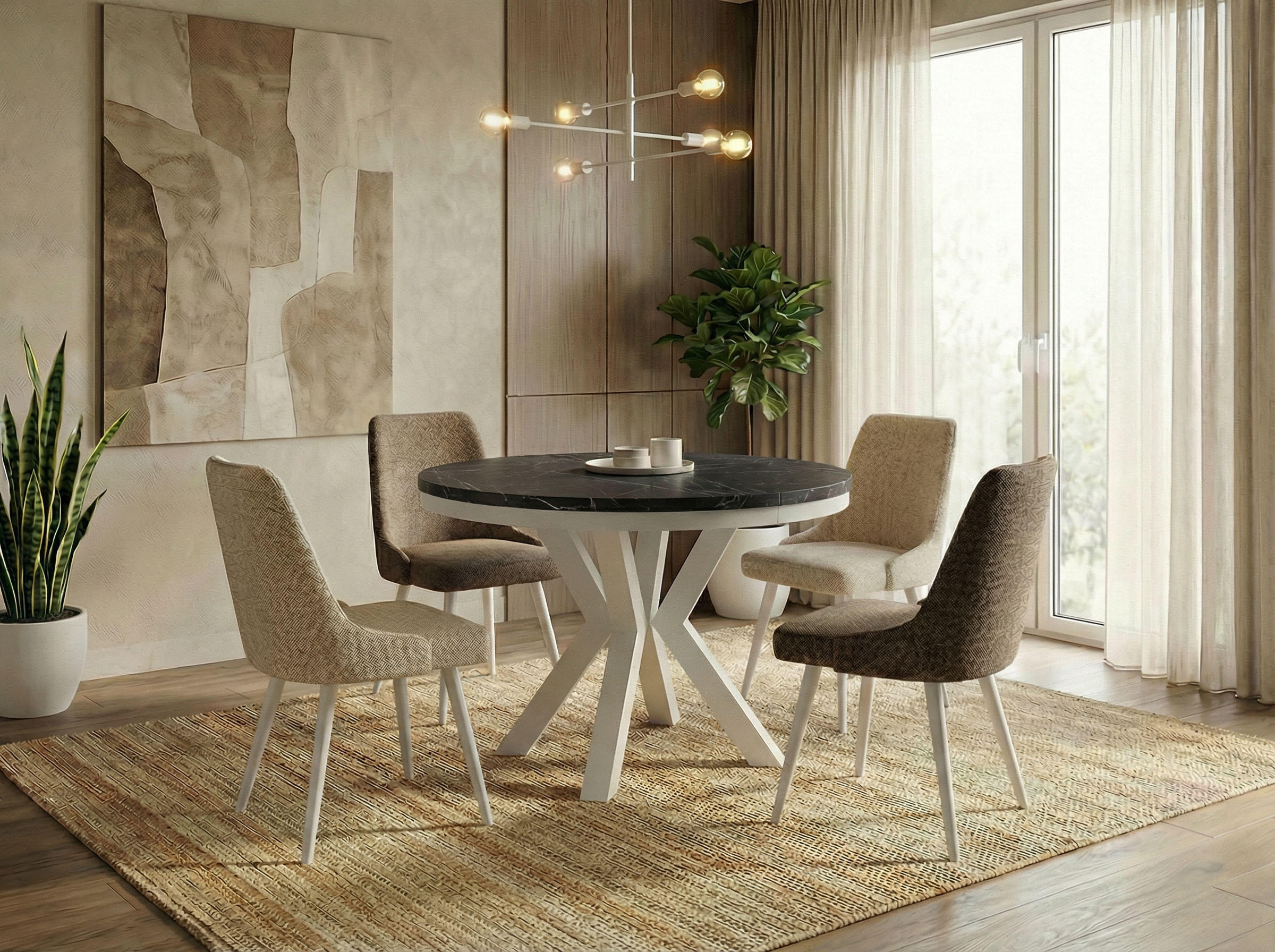 ESSTISCH Clara Weiß runder ausziehbarer, Marmor Schwarz 120-200/120/76 cm - Anthrazit/Weiß, Holzwerkstoff/Metall (120/120/76cm) - WFL GROUP