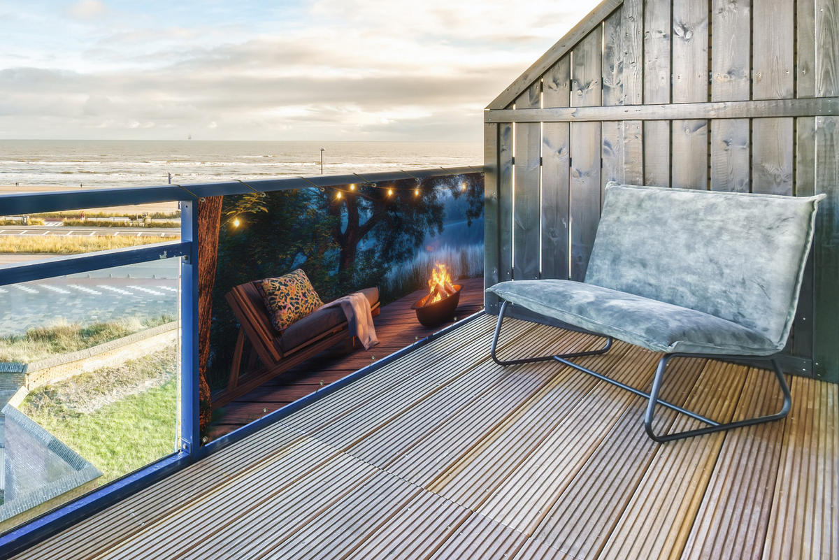 BALKON-SICHTSCHUTZ Lagerfeuer - See - Abendlicht - Dunkelblau, Kunststoff (200/110cm) - MuchoWow