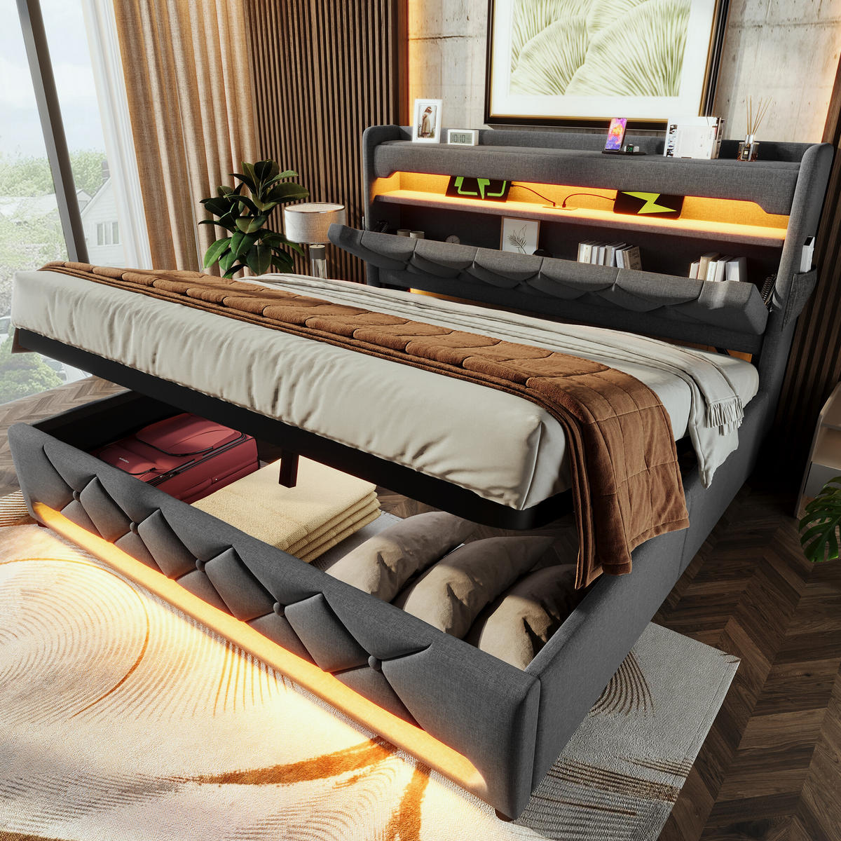 BETT mit Stauraum und LED 180/200 cm - Grau, Holzwerkstoff/Textil - Urban Meuble