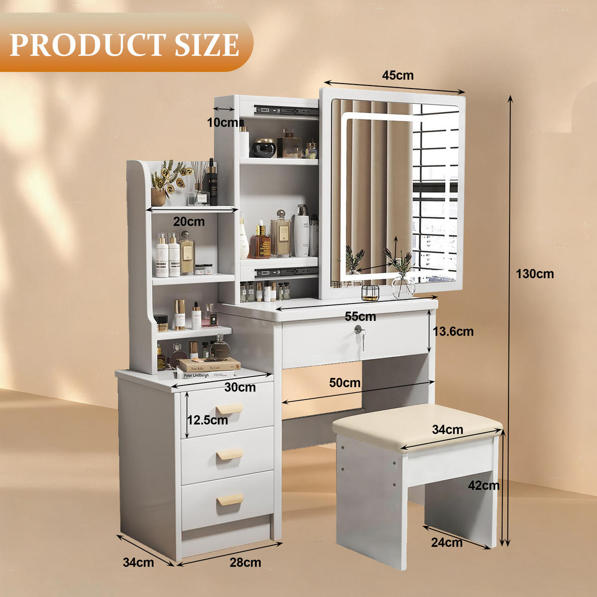 SCHMINKTISCH 85/36/130 cm weiß aus MDF mit LED-Spiegel und Hocker - Weiß, Holzwerkstoff (36/130/85cm) - OKWISH