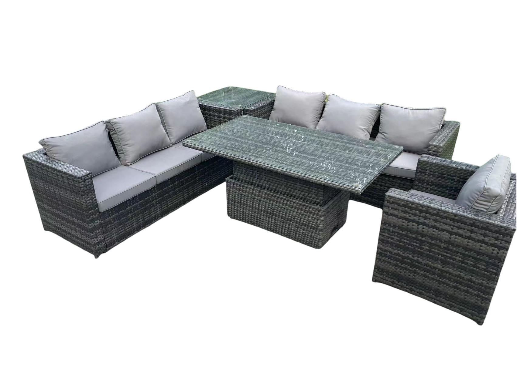 GARTENMÖBEL HÖHENVERSTELLBARER ESSTISCH SET Polyrattan 7-Sitzer - Dunkelgrau/Grau, Glas/Kunststoff - Fimous