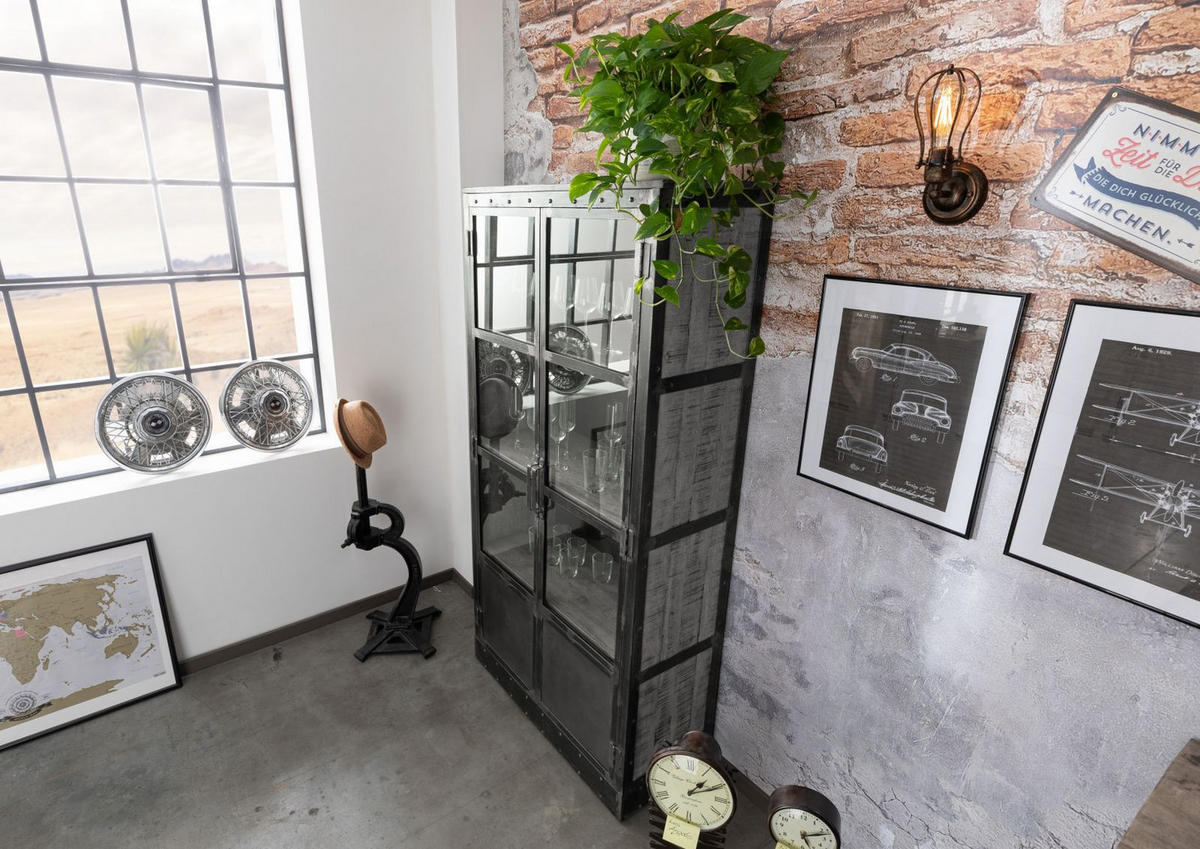 VITRINE Mango 92x40x185 grau lackiert HEAVY INDUSTRY #143 - Grau, Holz (92/185/40cm) - Massivmoebel24