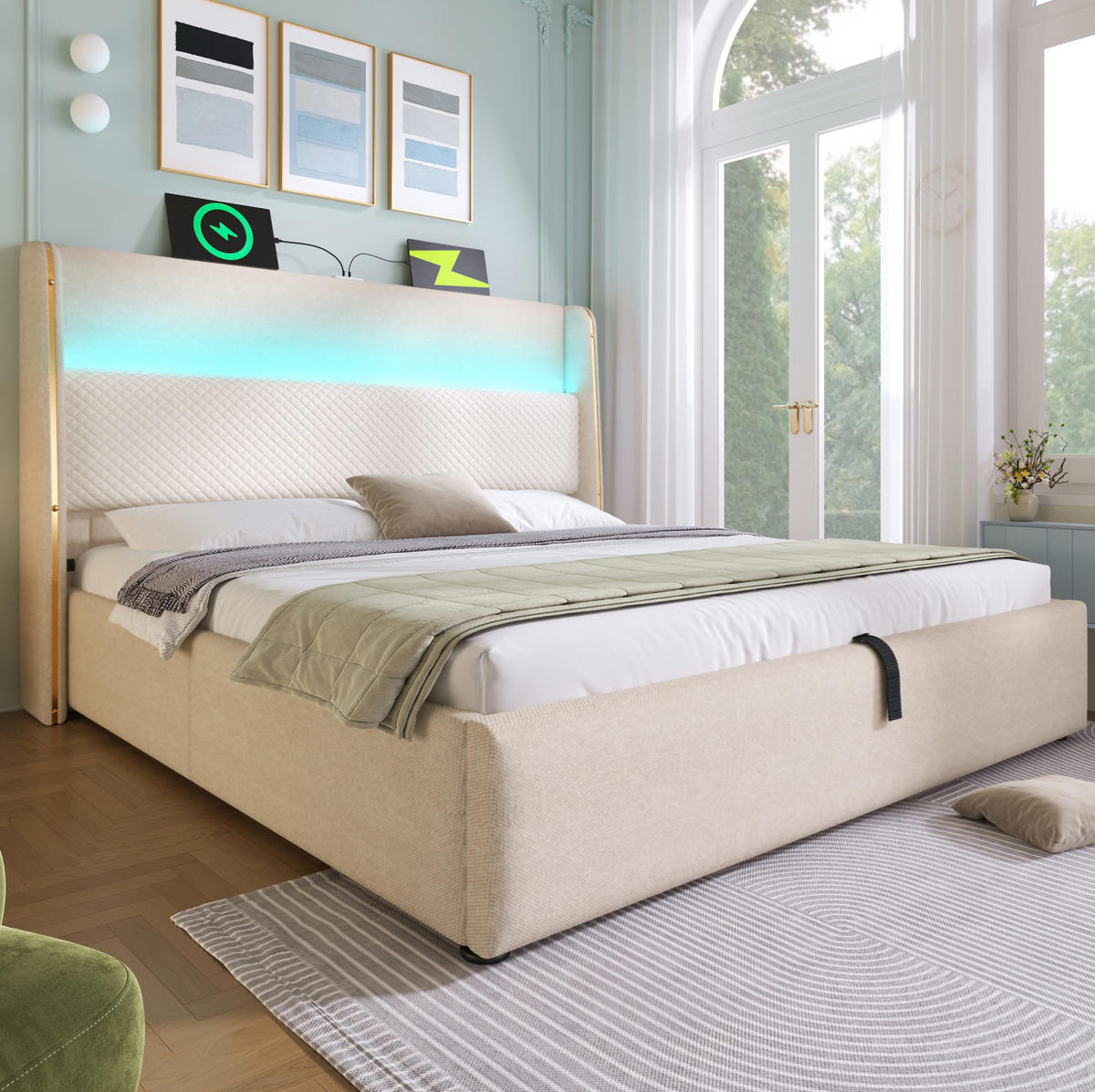 POLSTERBETT 160/200 cm Beige aus Leinen mit LED-Beleuchtung und Stauraum - Beige, Textil (160/200cm) - OKMYHOME