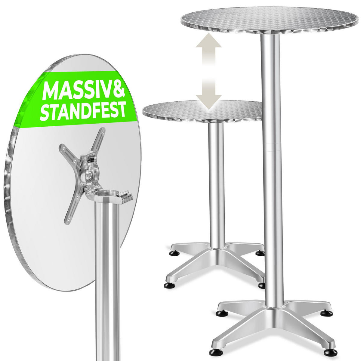 BISTROTISCH aus Aluminium Viktor, höhenverstellbare Kunststofffüße, silber - Silberfarben, Holz (67/67/115cm) - tectake