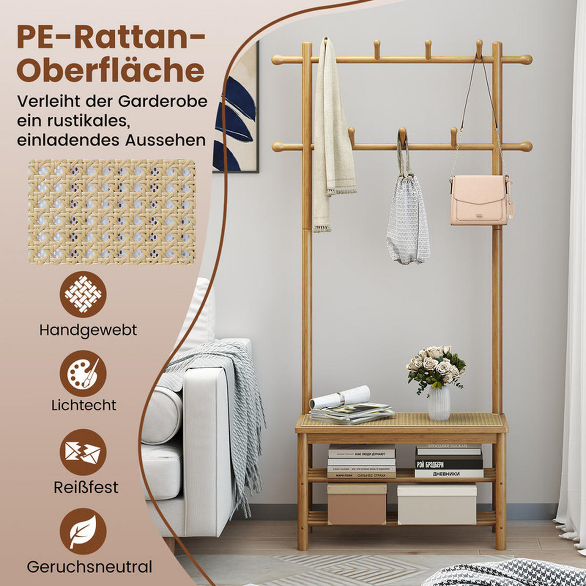 GARDEROBENSTÄNDER mit Schuhbank natur - Naturfarben, Naturmaterialien (71/169.5/30cm) - COSTWAY