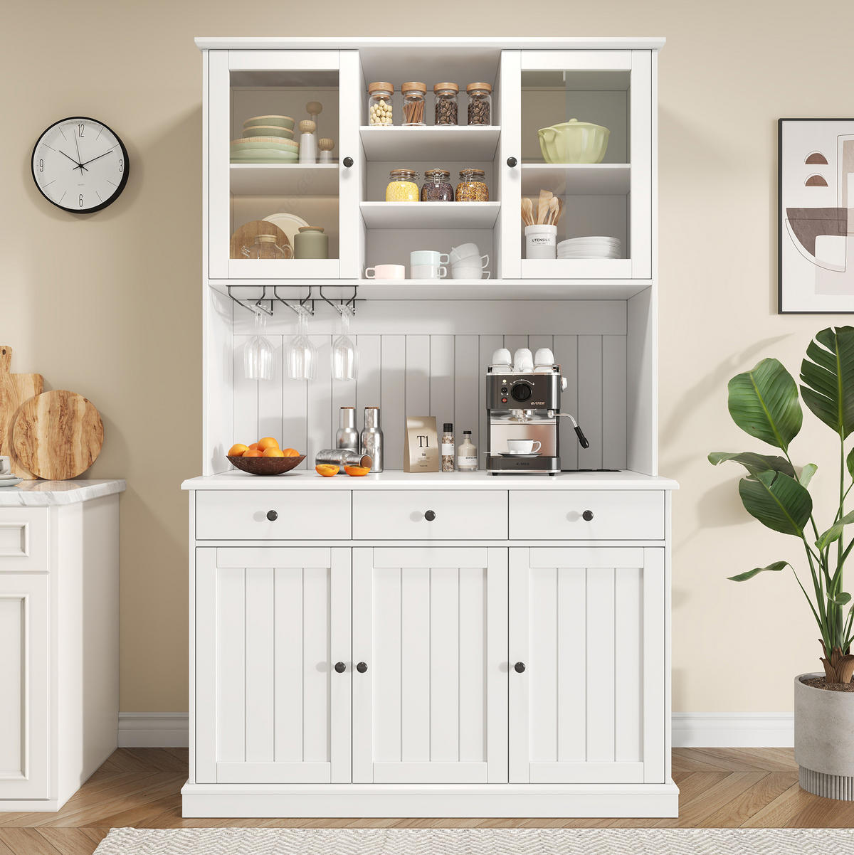 BUFFETSCHRANK aus Spanplatte 120x40x191 cm Weiß mit Glastüren, Gläserhalter und Steckdosen - Weiß, Holzwerkstoff (120/191/40cm) - IVMEU