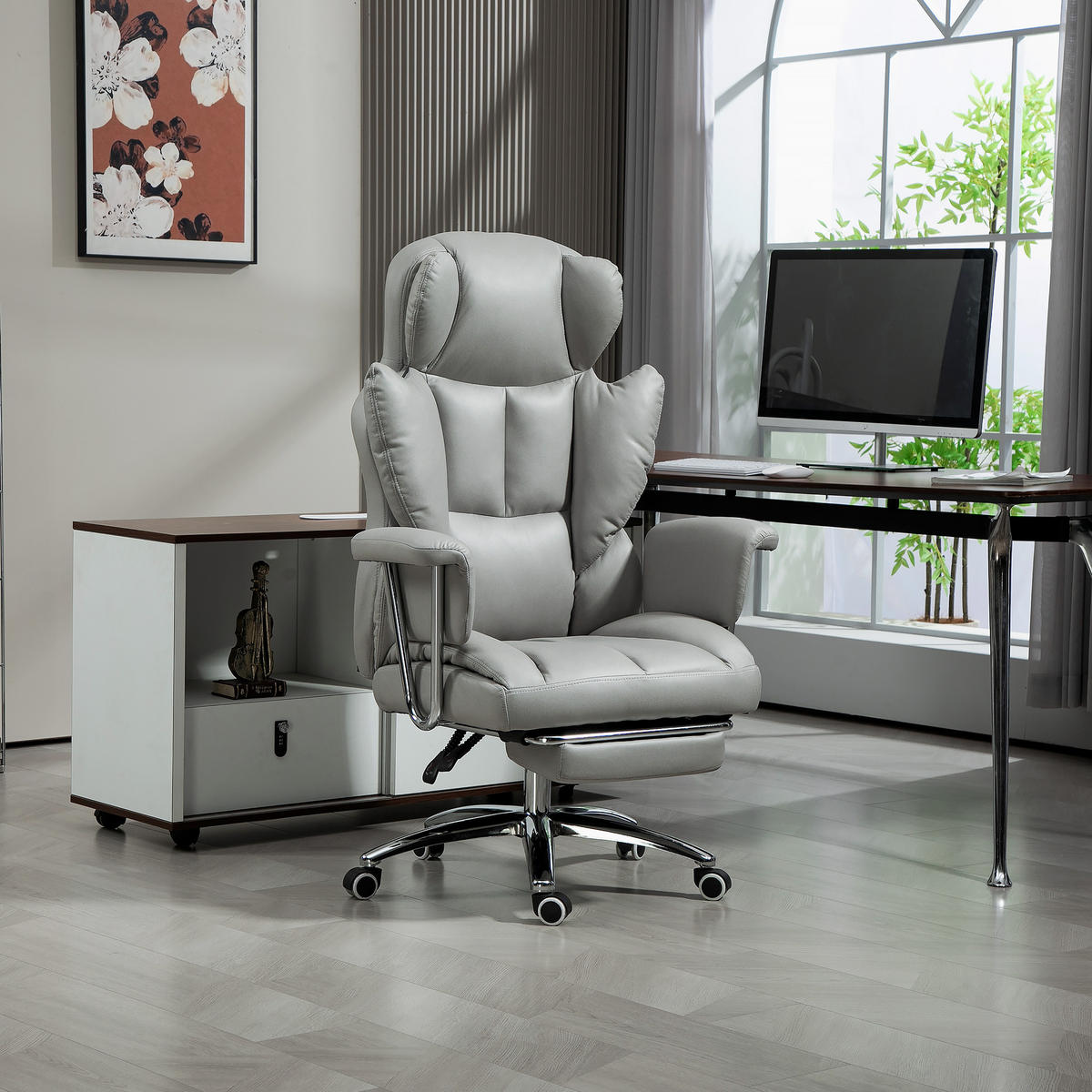 BÜROSTUHL mit Liegefunktion, ergonomisch Schreibtischstuhl, Drehstuhl Hellgrau - Chromfarben/Hellgrau, Textil/Metall (65/128/74cm) - HOMCOM