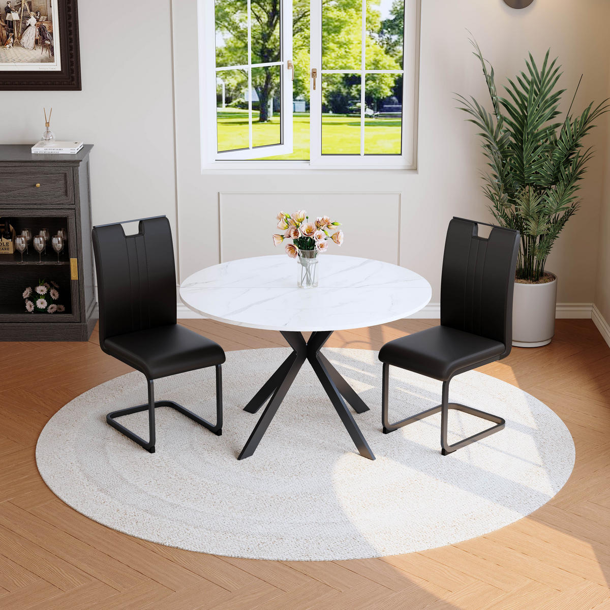 ESSGRUPPE DE-39511 5-teilig, runder Marmortisch Schwarz - Schwarz, Holzwerkstoff (110/75/110cm) - ComfortXL