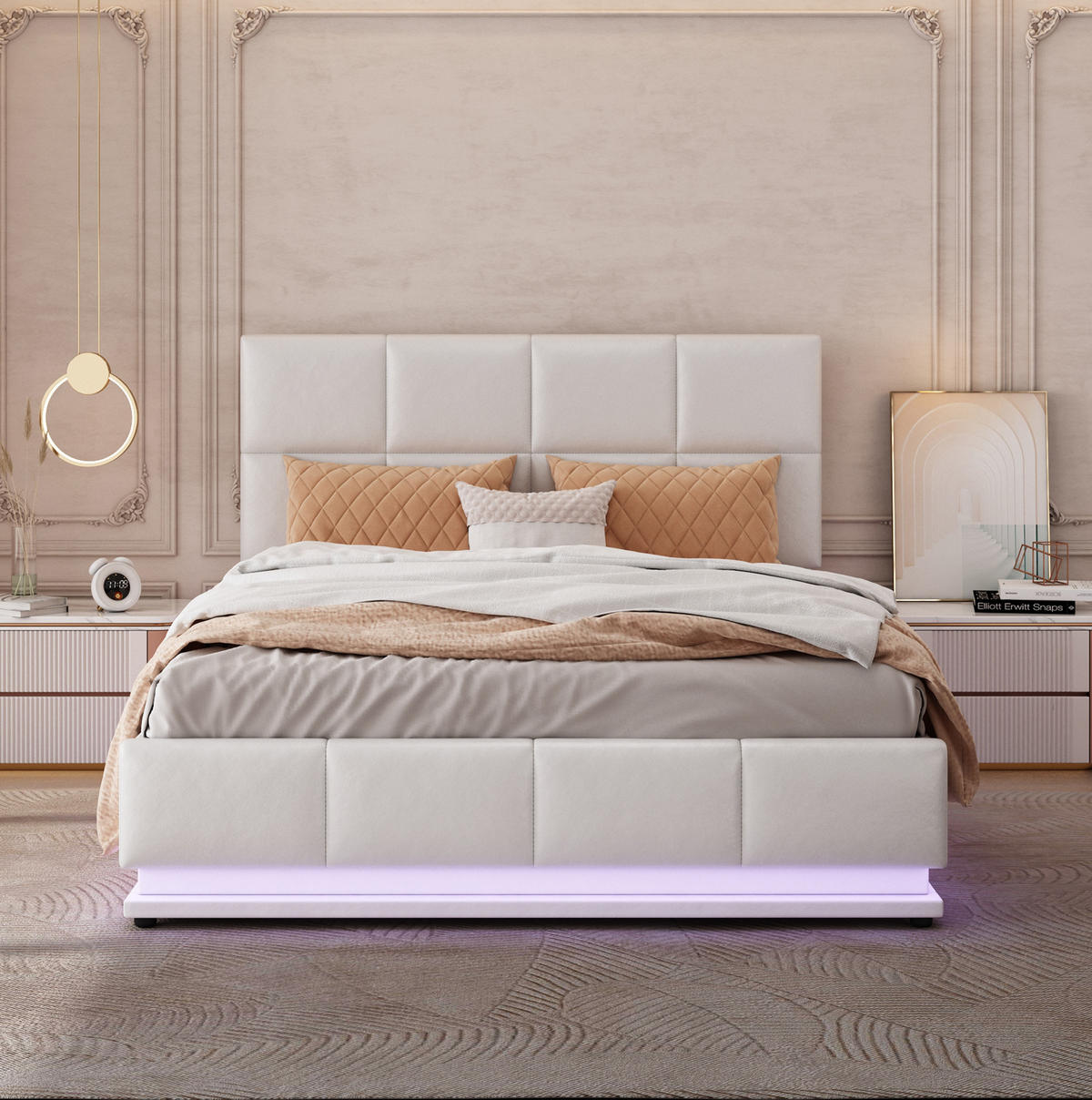 POLSTERBETT 140/200 cm Weiß mit LED-Beleuchtung und hydraulischem Bettkasten - Weiß, Textil (140/200cm) - OKWISH