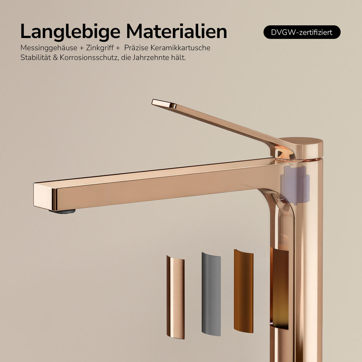 WASCHTISCHARMATUR mit Zertifiziertem Filterelement Rosengold Hoher Stil - Roségold, Metall (23.3/4.6/33.5cm) - EMKE