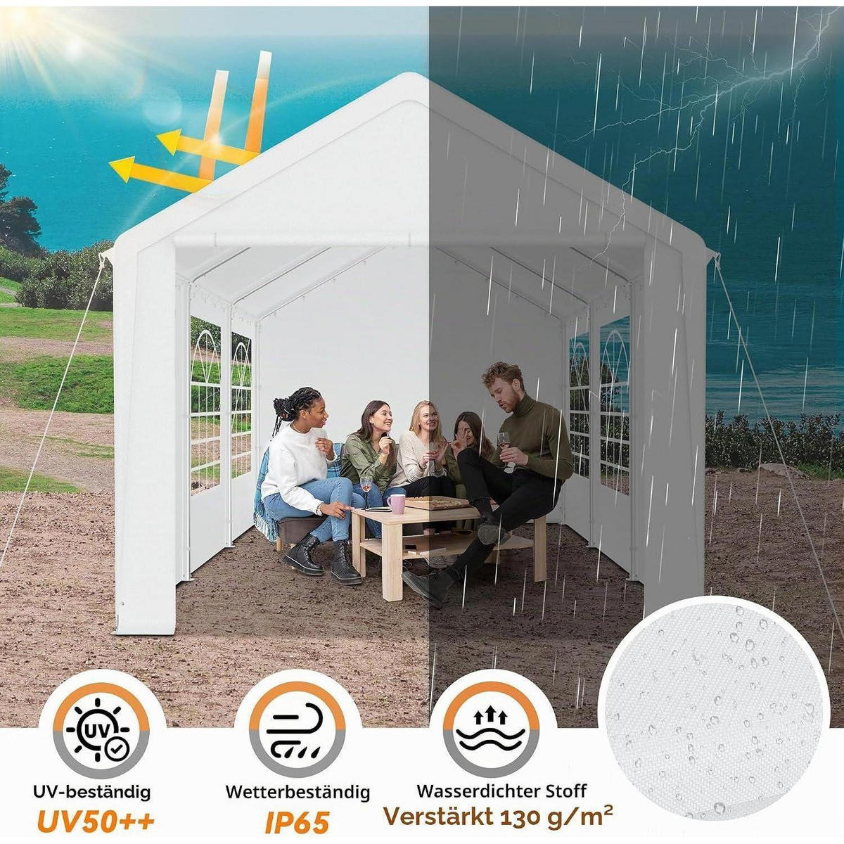 GARTENZELT 3 x 6 m Weiß mit 4 Seitenwänden - Weiß, Textil (300/280/600cm)
