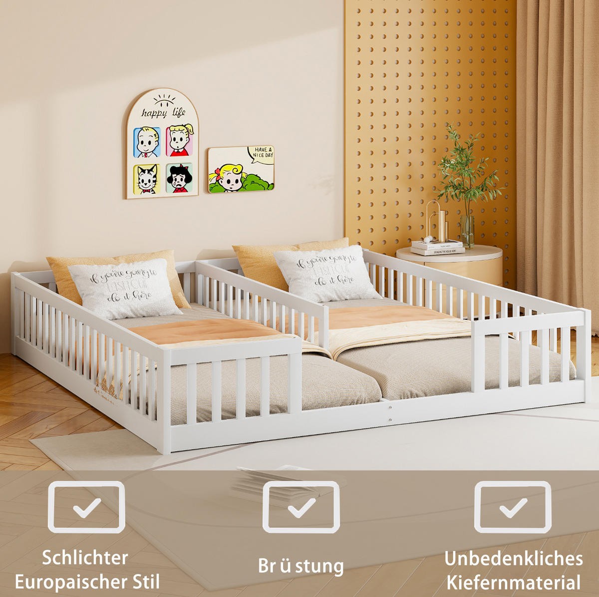 KINDERBETT 204/187/40 cm aus Kiefer und MDF mit Sicherheitsgitter für 2 Kinder Weiß - Weiß, Holzwerkstoff (90/200cm) - Modenvie