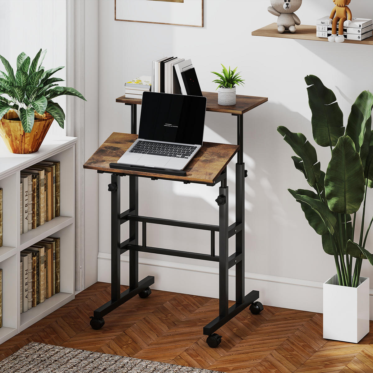 SCHREIBTISCH Höhenverstellbar Küchentisch mit Regal Rollen Rustikal Braun - Schwarz/Braun, Holzwerkstoff/Metall (60/60/120cm) - HOMCOM