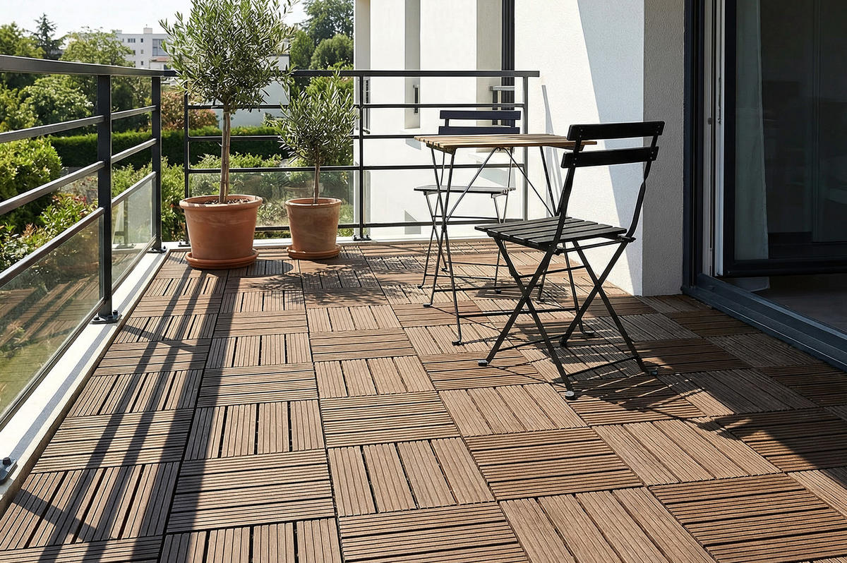 30ER-SET Terrassenplatten aus SERRA-Verbundwerkstoff in Teakoptik mit Rillen, 30 x 30 cm - Teakfarben, Holzwerkstoff (30/30/2cm) - Casanoov