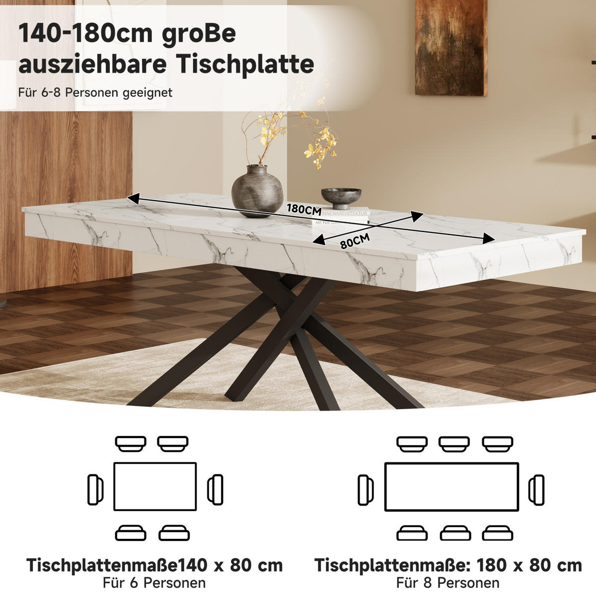 JEDILNA miza 140/180/80 cm z raztegljivo ploščo, 93 mm debelo ploščo in stabilnimi križnimi nogami, Bela - bela, leseni material (180/80/76cm) - Redom