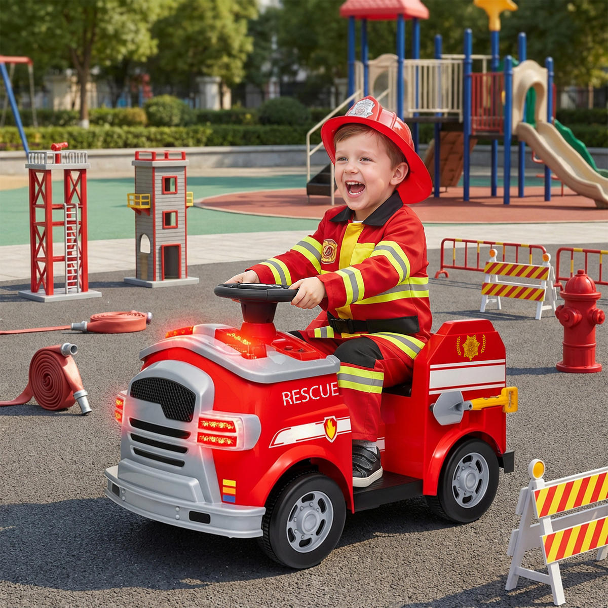FEUERWEHRAUTO DE-06255 Elektro-Kinderauto mit Sirene und Blaulicht Rot - Rot, Kunststoff/Metall (86/49/52cm) - ComfortXL