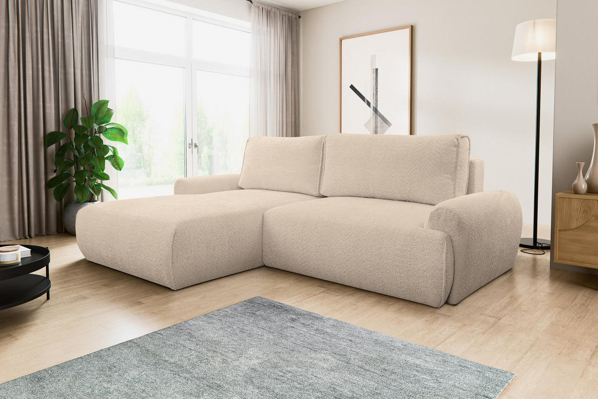 ECKSOFA Moon in L-Form mit Schlaffunktion und Bettkasten, Farbe: Hellbraun, Bouclé-Stoff, Ottomane Links - Hellbraun, Textil (136/260cm) - VENASI MÖBEL