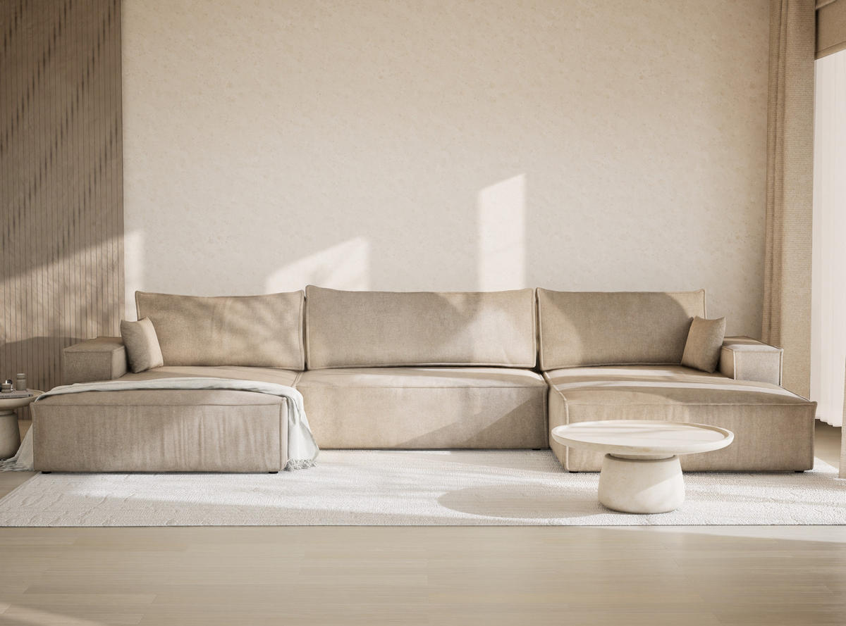 WOHNLANDSCHAFT Kyoto Beige Webstoff - Beige/Schwarz, Holz/Holzwerkstoff (398/70/148cm) - Maison de Reve