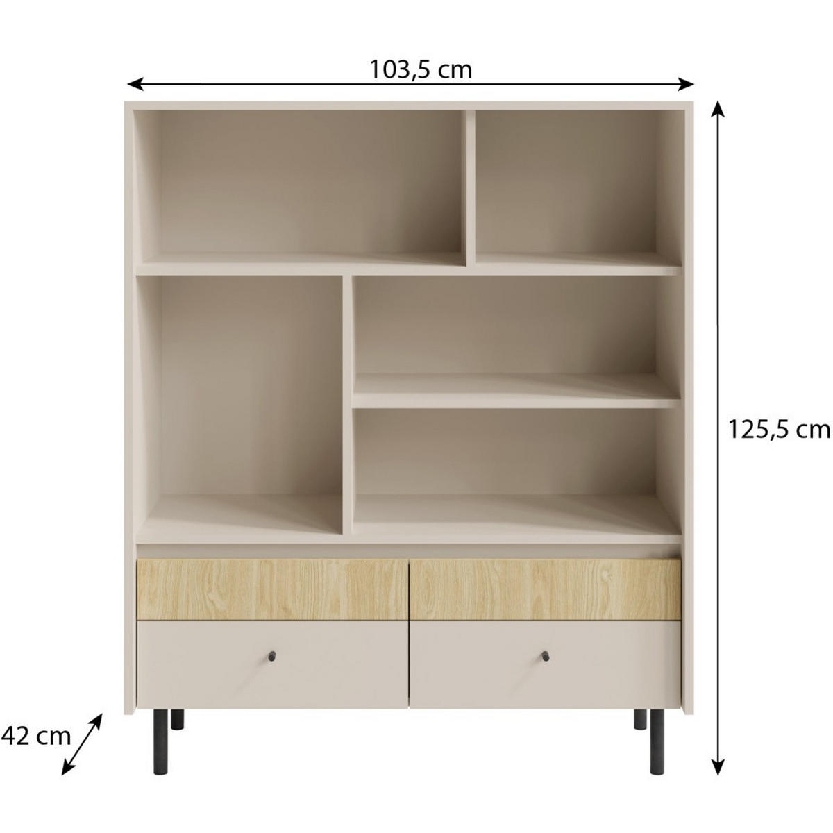 BÜCHERREGAL Monako mit 4 Schubladen, Beige Sand - Eichefarben/Beige, Holzwerkstoff/Metall (103/125/42cm) - Beautysofa